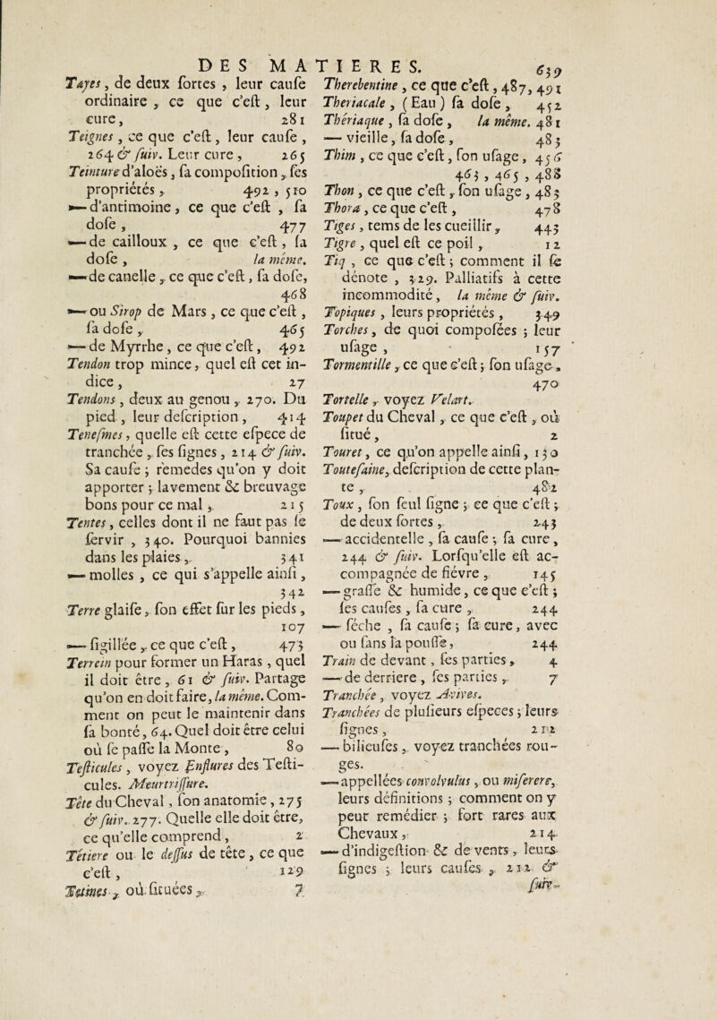 Tajes , de deux fortes , leur caufe ordinaire , ee que c’eft, leur cure, 281 Teignes, ce que c’eft , leur caufe , 264 & fuiv. Leur cure , 265 Teinture à'dXo 'ès, fa compofition , les propriétés,. 492,510 ►—d’antimoine, ce que c’eft , fa dofe, 477 — de cailloux , ce que c’eft, la dofe , la meme. •—de canelle y ce que c’eft, fa dofe, 4 6 8 ou Sirop de Mars, ce que c’eft , fa dofe , 455 — de Myrrhe, ce que c’eft, 49 2 Tendon trop mince, quel eft cet in¬ dice , 27 Tendons, deux au genou 270. Du pied , leur defeription , 414 Tenefmes, quelle eft cette efpece de tranchée , fes fignes, 214^ fuiv. Sa caufe ; remedes qu’on y doit apporter ; lavement 2c breuvage bons pour ce mal215 Tentes, celles dont il ne faut pas le férvir , 340. Pourquoi bannies dans les plaies341 — molles , ce qui s’appelle ainfi, 342 Terre glaife, fon effet fur les pieds, 107 — figillée y ce que c’eft , 475 Terrein pour former un Haras, quel il doit être, 61 & fuiv. Partage qu’on en doit faire, la meme. Com¬ ment on peut le maintenir dans fa bonté, 64.Quel doit être celui où le pafte la Monte , 8q Tefticules , voyez Enflures des Tefti- cules. Mturmffure. Tète du Cheval, fon anatomie , 275 & fuiv. 277* Quelle elle doit etre, ce qu’elle comprend, £ Tèttere ou le dejfus de tête, ce que c’eft , 119 Tarns * où. fituées ^ 7. Therebentine , ce que c’eft, 487, 491 Theriacale , ( Eau ) fa dofe , 452 Thériaque , fa dofè , la meme. 481 »— vieille, fa dofe , 48 5 Thim , ce que e’eft, fon ufage, 45 G 4<D , 465 > 483 Thon , ce que c’eft , fon ufage, 483 Th or a, ce que c’eft , 478 Tiges, tems de les cueillir y 445 Tigre, quel eft ce poil, 12 Tiq , ce que c’eft ; comment il (è dénote , 3 29. Palliatifs à cette incommodité, la même & fuiv. Topiques, leurs propriétés, 449 Torches, de quoi compofées 3 leur ufage, 157 Tormenûlle 3 ce que e’eft 3 fon ufage, 470 Tortelle r voyez Vêlait. Toupet du Cheval, ce que c’eft , où fi tué, 2 Touret, ce qu’on appelle ainfi ,130 Toute faine, defeription de cette plan¬ te y 482 Toux, fon feul figne 3 ee que c’eft ; de deux fortes2.43 -—accidentelle , fa caufe -, fa cure, 244 & fuiv. Lorfqu’elle eft ac¬ compagnée de fièvre , 145 — grade & humide, ce que e’eft ; fes caufes, fa cure 244 — féche , fa caufe ; fa cure, avec ou fans la pou (Te, 244 Train de devant, fes parties » 4 ■—-de derrière , fes parties,, 7 Tranchée, voyez Avives. Tranchées de plulieurs efpeces 3 leurs* fignes , 21>2 — bi lieu fes, voyez tranchées rou¬ ges. — appellées convolvulus, ou miferere-,. leurs définitions ; comment on y peut remédier 3 fort rares aux Chevaux, 214* — d’indigeftion & de vents, leurs, fignes 3 leurs caufes ,, 212. ér fm~