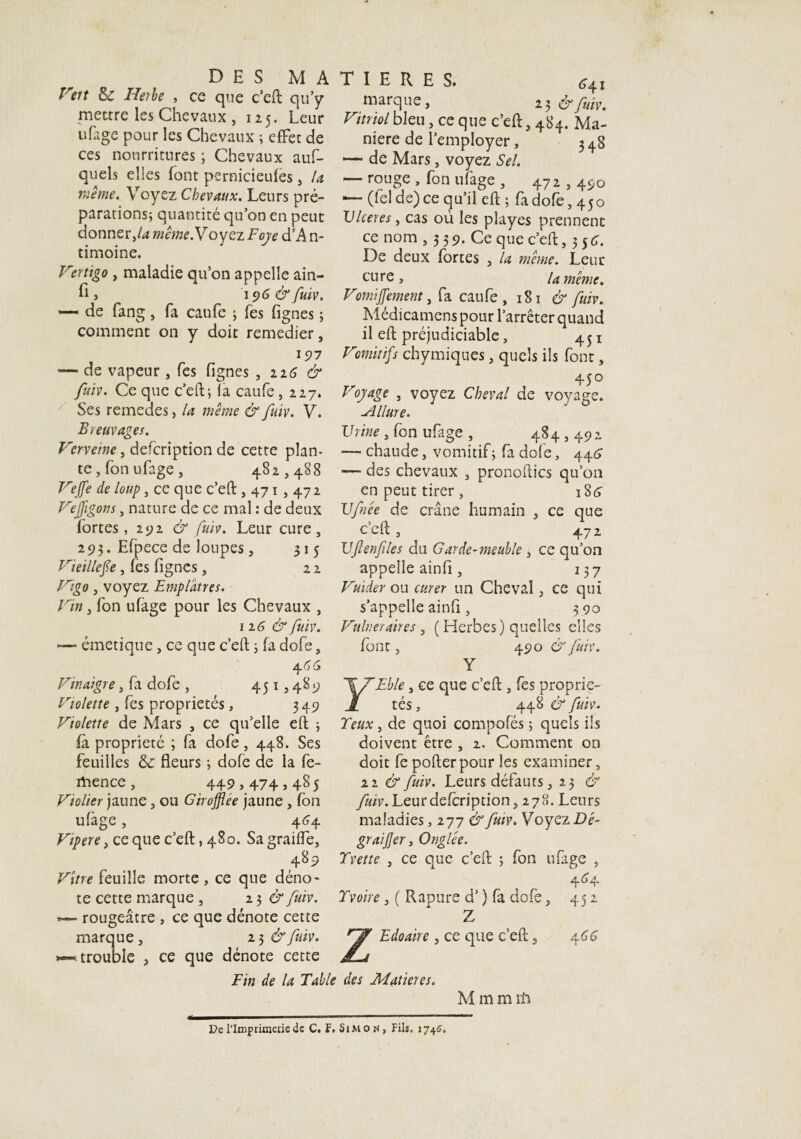 Vert & Herbe , ce que c’eft qu’y mettre les Chevaux , 125. Leur ufagc pour les Chevaux ; effet de ces nourritures ; Chevaux auf- quels elles font pernicieufes , la Meme. Voyez Chevaux. Leurs pré¬ parations; quantité qu’on en peut donner,4* même.V oyez Foye d’^ n- timoine. Vo.nigo , maladie qu’on appelle ain- h » 196 & fuiv. — de fang, fa caufe ; fes Lignes ; comment on y doit remedier, IS>7 •— de vapeur, fes fignes , 116 & fuiv. Ce que c’eft; la caufe ,227. Ses remedes, la même & fuiv. V. Breuvages. Verveine, defcription de cette plan¬ te, fonufage, 482,488 Veffe de loup, ce que c’eft , 471,472 Vejfigons, nature de ce mal : de deux fortes, 292 & fuiv. Leur cure, 293. Elpece de loupes, 315 Vieille(le, lès fignes, 2 2 Vigo, voyez Emplâtres. Vin, fon ufage pour les Chevaux , 12(3 é1 fuiv. — émetique, ce que c’eft ; fa dofe, a. 4< Vinaigre, fa dofe , 451,489 Violette , fes propriétés, 349 Violette de Mars , ce qu’elle eft ; fa propriété ; fa dofe, 448. Ses feuilles &: fleurs ; dofe de la fe- mence , 449,474,48 5 Violier jaune, ou Giroflée jaune , fon ulàge, 464 Vipere, ce que c’eft, 480. Sa graille, 489 Vitre feuille morte , ce que déno¬ te cette marque , 2 3 dr fuiv. *— rougeâtre , ce que dénote cette marque 2 3 & fuiv. trouble , ce que dénote cette Fin de la Table des Aîatiercs. T I E R E S. 641 marque, 23 &fuiv. Vitriol bleu, ce que c’eft, 484. Ma¬ niéré de l’employer, 3 48 •— de Mars, voyez Sel. — rouge , fon ufage , 472,490 — (fel de) ce qu’il eft ; fa dofe ,450 ÏJlceres, cas où les playes prennent ce nom , 3 3 9. Ce que c’eft ,55 c. De deux fortes , la même. Leur cure, la même. Vomijfement, fa caufe , 181 & fuiv. Médicamens pour l’arrêter quand il eft préjudiciable, 451 Vomitifs chymiques, quels ils font, 450 Voyage , voyez Cheval de voyage. VLllure. Urine , fon ufage , 484,49 2 — chaude, vomitif; fa dofe, 446 *— des chevaux , pronoftics qu’on en peut tirer, 186 U fiée de crâne humain , ce que c’eft, 472 Uftenfiles du Garde-meuble , ce qu’on appelle ainfi, 137 Vuider ou curer un Cheval, ce qui s’appelle ainfi, 3 90 Vulnéraires, ( Herbes) quelles elles font, 490 & fuiv. Y 17Elle, ce que c’eft, fes proprie- ][ tés, 448 & fuiv. Teux, de quoi compofés ; quels ils doivent être , 2. Comment on doit fepofterpour les examiner, ii & fuiv. Leurs défauts, 23 é fuiv. Leur defcription, 278. Leurs maladies, 277 & fuiv. Voyez Dé- graijjer, Onglée. Yvette , ce que c’eft ; fon ufage , 464 Tvoire, ( Rapure d’) fa dofe, 45 2 Z Edoaire , ce que c’eft, 466 M m m 1I1 De l'Imprimerie de C, ï. Simon, Fils. 1746.