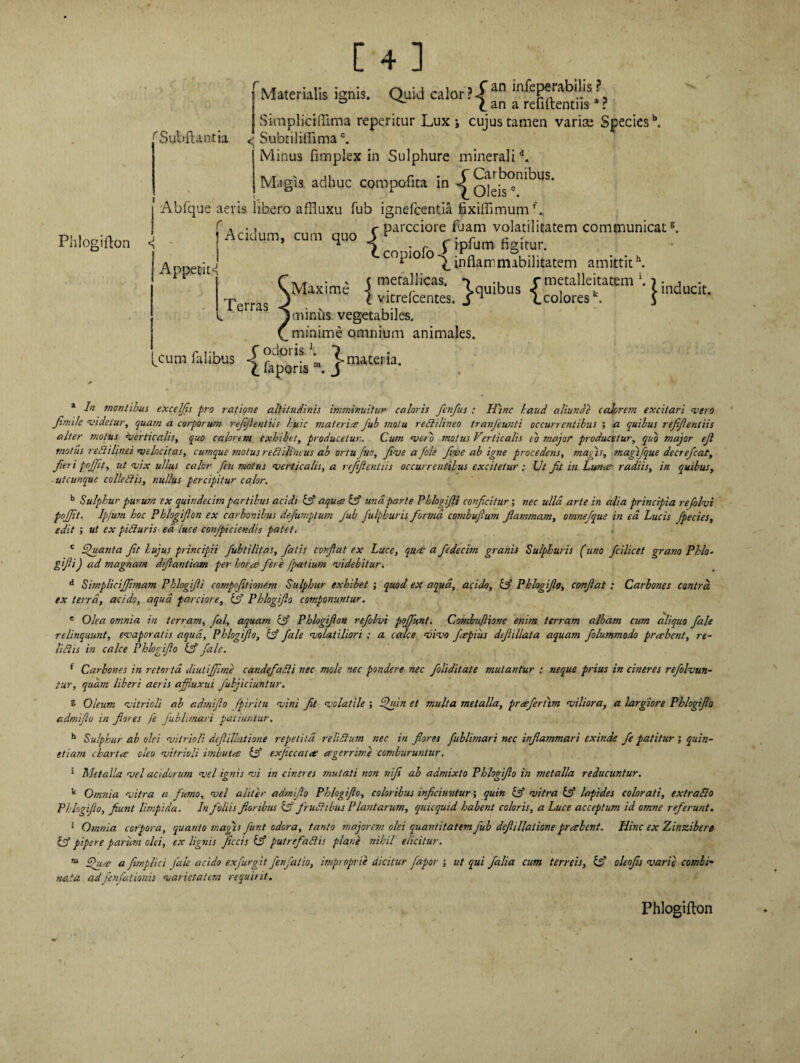 ^Subftan-tia rMaterialis ignis. Quid calor?!3 insperabilis? ° c an a reiutentus * r Simpliciflima reperitur Lux ; cujus tamen varise Species \ Subriliffimac. Minus fimplex in Sulphure mineralid. Magis adhuc compofita in Abfque aeris libero affluxu fub ignefcentia fixiffimum C a • i r parcciore fuam volatilitatem communicat6. Acidum, cum quo J r ^. f c . tcop.ofoa .g Appetiti Terras (_cum falibus } materia. ^inflammabilitatem amittith. Maxime 5 metallicas. \quibus 5 metallejtatsm ‘. ? induc;t i l vitrelcentes. L colores*. $ minus vegetabiles, minime omnium animales. * In montibus excelfis pro ratione altitudinis imminuitur caloris fcnfus : H}nc l:aud aliunde cajprem excitari vero Jlmite videtur, quam a corporum refijlentiis huic materia fub snotu reBilineo tranfcunti occurrentibus ; a quibus rejijienliis alter motus verticalis, quo calorem exhibet, producetur. Cum vero motus Verticalis eo major producetur, quo major efi motus reBilinei velocitas, cumque motus reBiiincus ab ortu fuo, Jive a fole Jive ab igne procedens, magis, magifque decrefcat, fieri poJJJt, ut vix ullus calor feti motus verticalis, a refiftentiis occurrentibus excitetur : Ut fit in Luna radiis, in quibus, . utcunque colle Bis, nullus percipitur calor. b Sulphur purum ex quindecim partibus acidi & aqua & una parte Phlogifii conficitur; nec ulla arte in alia principia refolvi pojjit. Ipjurn hoc Phlogifion ex carbonibus defumptum fub fulphuris forma combufium flammam, omnefque in ea Lucis fpecies, edit ; ut ex piBuris ea luce conjpiciendis patet. c fluant a fit hujus principii fubtilitas, fatis confiat ex Luce, qua a fedecim granis Sulphuris (uno fcilicet grano Phla- gifii) ad magnam difiantiam per hora flere fpaiium videbitur. d Simpliciffimam Phlogifii compfitionem Sulphur exhibet ; quod ex aqua, acido, & Phlogifio, confiat : Carbones contra ex terra, acido, aqua parciore, iy Phlogifio componuntur. e Olea omnia in terram, fal, aquam & Phlogifion refolvi poffunt. Combuftionc enim terram albam cum aliquo fiale relinquunt, evaporatis aqua, Phlogifio, fy fale volatiliori ; a calce vivo feepius defiillata aquam folummodo prabent, re¬ lidis in calce Phlogifio & fale. f Carbones in retorta diutiffime candefiaBi nec mole nec pondere nec fioliditate mutantur : neque prius in cineres refolvun- tur, quam liberi aeris affuxui fubjiciuntur. s Okum vitrioli ab admifio fpiritu vini fit volatile ; fluin et multa metalla, proferfim viliora, a largiore Phlogifio admifio in flores fe fub limari patiuntur. h Sulphur ab olei vitrioli deflillatione repetita reliBum nec in floret fublimari nec inflammari exinde fe patitur } quin- etiarn charto oleo vitrioli imbuto & exficcato ogerrime comburuntur. 1 Metalla vel acidorum vel ignis vi in cineres mutati non nifi ab admixto Phlogifio in metalla reducuntur. k Omnia vitra a fumo, vel aliter admifio Phlogifio, coloribus inficiuntur; quin & vitra & lapides colorati, extraBo Phlogifio, fiunt limpida. In foliis floribus Uf frudibus Plantarum, quicquid habent coloris, a Luce acceptum id omne referunt. 1 Omnia corpora, quanto magis funt odora, tanto majorem olei quantitatem fub deflillatione praebent. Hinc ex Zinzibere C£? pipere parim olei, ex lignis ficcis & putrefaBis plane nihil elicitur. m flu<e a fimplici fale acido exfurgit fenfatio, improprie dicitur fapor ; ut qui falia cum terreis, & oleofis varie combi¬ nata ad'fenfationis varietatem requirit.