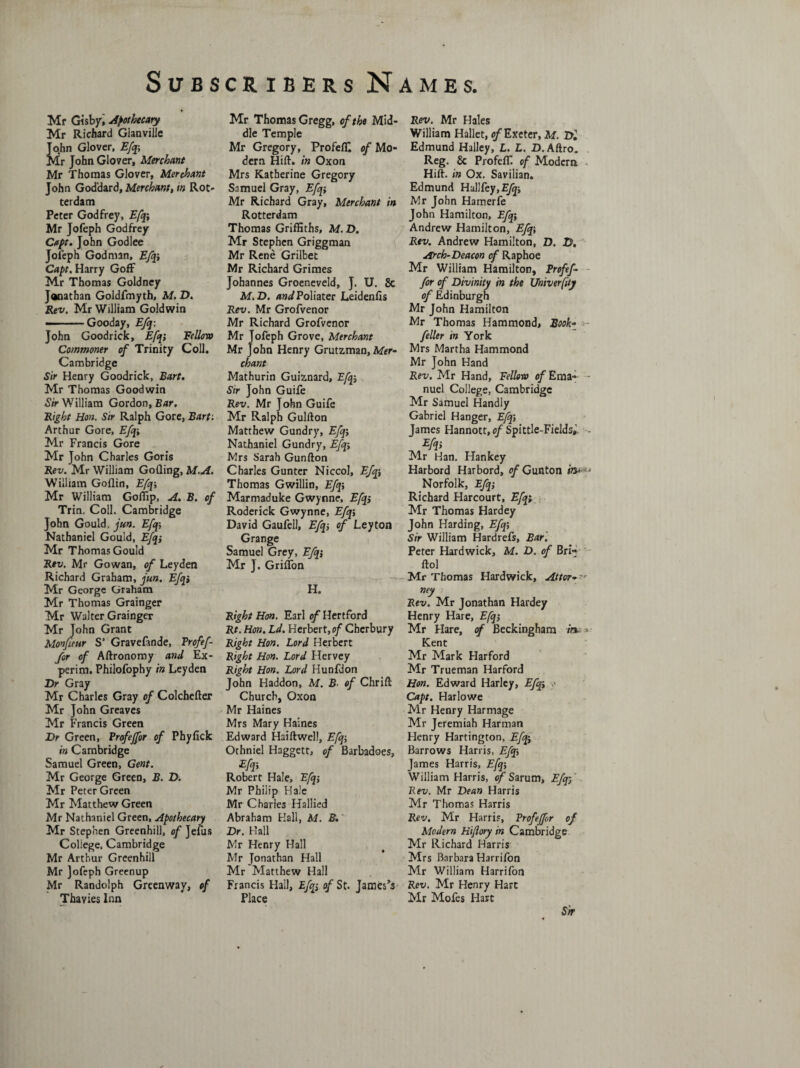 Mr Gisby, Apothecary Mr Richard Gianville To(hn Glover, Efo Mr John Glover, Merchant Mr Thomas Glover, Merchant John Goddard, Merchant, in Rot¬ terdam Peter Godfrey, Efqi Mr Jofeph Godfrey Capt. John Godlee Jofeph Godman, Efqi Capt. Harry Goff Mr Thomas Goldney Jonathan Goldfmyth, M. D. Rev. Mr William Goldwin — . ■ Gooday, Efq; John Goodrick, Eftj; Fellow Commoner of Trinity Coll. Cambridge Sir Henry Goodrick, Bart. Mr Thomas Goodwin Sir William Gordon, Bar. Right Hon. Sir Ralph Gore, Bart: Arthur Gore, Efqi Mr Francis Gore Mr John Charles Goris Rev. Mr William Go fling, M.A. William Goflin, Efq; Mr William Goffip, A. B. of Trin. Coll. Cambridge John Gould, jun. Efq-, Nathaniel Gould, Efqi Mr Thomas Gould Rev. Mr Gowan, of Leyden Richard Graham, jun. Efqi Mr George Graham Mr Thomas Grainger Mr Walter Grainger Mr John Grant Monfeur S' Gravefande, Profef- Jor of Aftronomy and Ex- perim. Philofophy in Leyden Dr Gray Mr Charles Gray of Colchefter Mr John Greaves Mr Francis Green Dr Green, Profejfor of Phyfick in Cambridge Samuel Green, Gent. Mr George Green, B. D. Mr Peter Green Mr Matthew Green Mr Nathaniel Green, Apothecary Mr Stephen Greenhill, of Jefus College, Cambridge Mr Arthur Greenhill Mr Jofeph Greenup Mr Randolph Greenway, of Thavies Inn Mr Thomas Gregg, of the Mid¬ dle Temple Mr Gregory, Profeffi of Mo¬ dern Hift. in Oxon Mrs Katherine Gregory Samuel Gray, Efqi Mr Richard Gray, Merchant in Rotterdam Thomas Griffiths, M. D. Mr Stephen Griggman Mr Rene Grilbet Mr Richard Grimes Johannes Groeneveld, J. U. 8c M.D. and?oliater Leidenfls Rev. Mr Grofvenor Mr Richard Grofvenor Mr Jofeph Grove, Merchant Mr John Henry Grutzman, Mer¬ chant Mathurin Guiznard, Efq; Sir John Guife Rev. Mr John Guife Mr Ralph Gulfton Matthew Gundry, Efqi Nathaniel Gundry, Efqi Mrs Sarah Gunfton Charles Gunter Niccol, Efqi Thomas Gwillin, Efqi Marmaduke Gwynne, Efqi Roderick Gwynne, Efqi David Gaufell, Efq-, of Leyton Grange Samuel Grey, Efqi Mr J. Griffon H. Right Hon. Earl of Hertford Rt. Hon. Ld. Herbert, o/ Cherbury Right Hon. Lord Herbert Right Hon. Lord Hervey Right Hon. Lord Hunfdon John Haddon, M. £. of Chrift Church, Oxon Mr Haines Mrs Mary Haines Edward Haiftwell, Efqi Othniel Haggett, of Barbadoes, Efqi Robert Hale, Efqi Mr Philip Hale Mr Charles Rallied Abraham Hall, M. B. Dr. Hall Mr Henry Hall Mr Jonathan Hall Mr Matthew Hall Francis Hall, Efqi of St. James’s Place Rev. Mr Hales William Hallet, of Exeter, M. Dl Edmund Halley, L. L. D. Aftro, Reg. 8c Profeffi of Modem . Hift. in Ox. Savilian. Edmund Hallfey.E/^j Mr John Hamerfe John Hamilton, Efq; Andrew Hamilton, Efqi Rev. Andrew Hamilton, D. D. Arch-Deacon of Raphoe Mr William Hamilton, Profef- for of Divinity in the Univerfity of Edinburgh Mr John Hamilton Mr Thomas Hammond, Book* feller in York Mrs Martha Hammond Mr John Hand Rev. Mr Hand, Fellow of Ema- - nuel College, Cambridge Mr Samuel Handiy Gabriel Hanger, Efq; James Hannott, of Spittle-Fields, Mr Han. Hankey Harbord Harbord, ^Gunton in> Norfolk, Efq; Richard Harcourt, Efqi Mr Thomas Hardey John Harding, Efqi Sir William Hardrefs, Bar. Peter Hardwick, M. D. of Bri- ftol Mr Thomas Hardwick, After- ' ney Rev. Mr Jonathan Hardey Henry Hare, Efq; Mr Hare, of Beckingham in- *■ Kent Mr Mark Harford Mr Trueman Harford Hon. Edward Harley, Efqi Capt. Harlowe Mr Henry Harmage Mr Jeremiah Harman Henry Hartington, Efqi Barrows Harris, Efqi James Harris, Efqi William Harris, q/’Sarum, Efq~} Rev. Mr Dean Harris Mr Thomas Harris Rev. Mr Harris, Profejfr of Modern Hifory in Cambridge Mr Richard Harris Mrs Barbara Harrifbn Mr William Harrifon Rev. Mr Henry Hart Mr Mofes Halt Sir