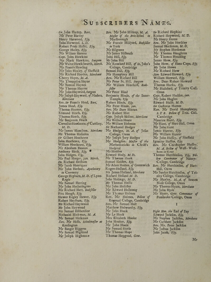 Sir John Hartop, Bart. Mr Peter Harvey Henry Harwood, Efqi John Harwood, L.D. Robert Profe Haflel, Efqi George Hatley, Efqi Mr William Havens Capt. John Hawkins Mr Mark Hawkins, Surgeon Mr Walter Hawkfworth, Merck Mr Francis Hawling Mr John Haxley, of Sheffield Mr Richard Hayden, Merchant Cherry Hayes, M. A. Mr Thompfon Hayne Mr Samuel Haynes Mr Thomas Haynes Mr John Hayward, Surgeon Mr Jofeph Hayward, 0/Madera, Merchant Rev. Sir Francis Head, Bart', James Head, Efqi Thomas Heames, Efq; Edmund Heath, Efqi Thomas Heath, Efqi Mr Benjamin Heath Cornelius Heathcotej^fCutthoy, M. D. Mr James Hamilton, Merchant Mr Thomas Haileden Sir Gilbert Heathcote John Heathcote, Efq-, William Heathcote, Efq-t Mr Abraham Heaton Anthony Heck, Efqi * John Hedges, Efq-, Mr Paul Heeger, jun. Merch. Dr Richard Helfham Mr Jacob Henriques Mr John Herbert, apothecary in Coventry George Hepburn, M. D. of Lynn- Regis Mr Samuel Herring Mr John Hetherington Mr Richard Hett, Bookfeller Fitz Heugh, Efqi Hewer Edgley Hewer, Efqi Robert Heyfham, Efqi Mr Richard Heywood Mr John Heywood Mr Samuel Hibberdine Nathaniel Hickman, M. A. Mr Samuel Hickman Rev. Mr Hiffe, Schoolmafer at Kenfington Mr Banger Higgens Mr Samuel Highland Mr Jofeph Highmoie Rev. Mr John Hildrop, M. A. Majier of the Free-School in Marlborough Mr Francis Hildyard, Bookfeller in York Mr Hilgrove Mr James Hilhoufe John Hill, Efqi Mr John Hill Mr Rowland Hill, of St. John’s College, Cambridge Samuel Hill, Efqi Mr Humphrey Hill . Rev. Mr Richard Hill Mr Peter St. Hill, Surgeon Mr William Hinchiiffj Book¬ feller Mr Peter Hind Benjamin Hinde, of the Inner- Temple, Efqi Robert Hinde, Efqi Mr Peter Hinde, jun. Rev. Mr Dean Hinton Mr Robert Hirt Capt. Jofeph Hifcox, Merchant Mr William Hoare Mr William Hobman Sir Nathaniel Hodges Mr Hodges, M. A. of Jefus College, Oxon Mr Jofeph Jory Hodges Mr Hodgfon, Mafler of the Mathematicks tn Chrift’s Hofpital Mr Hodfon Edward Hody, M.D. Mr Thomas Hook Samuel Holden, Efq-, Mr Adam Holden, of Greenwich Rogers Holland, Efq; Mr James Holland, Merchant Richard Holland M- D. John Hollings, M.D. Mr Thomas Hollis Mr John Hollifter Mr Edward Holloway Mr Thamas Holmes Rev. Mr Holmes, Fellow of Enianuel College, Cambridge Rev. Mr Samuel Holt Matthew Holworthy, Efqi Mr John Hook Mr Le Hook Mrs Elizabeth Hooke John Hooker, Efqi Mr John Hoole Mr Samuel Hoole Mr Thomas Hope Thomas Hopgood, Gent. Sir Richard Hopkins Richard Hopwood, M. D. Mr Henry Horne Rev. Mr John Horfeley Samuel Horfeman, M. D. Mr Stephen Horfeman Mr Thomas Houghton Mr Thomas Houlding James How, Efqi John How, of Hans Cope, Eft* Mr John Howe Mr Richard How Hon. Edward Howard, Efqi William Howard, Efqi Rev. Dean Robert Howard Thomas Hucks, Efqi Mr Hudsford, of Trinity Col!, Oxon Capt. Robert Hudfon, jun. Mr John Hughes Edward Hulfe, M. D. Sir Guftavus Humes Rev. Mr David Humphreys, S.T B. Fellow of Trin. Coll. Cambridge Maurice Hunt, Efq-, Mr Hunt, of Hart-Hall, Oxon Mr John Hunt James Hunter, Efqi Mr William Hunter Mr John Huifey, of Sheffield Ignatius Huifey, Efqi Rev. Mr Chriftopher Hufley,’ M. A. Retlor of Weft- Wick¬ ham itilCpnt Thomas Hutchinfonj Efqi Fel¬ low Commoner of Sidney- Co liege, Cambridge Rev. Mr Hutchinfon, of Hart- Hall, Oxon Mr Sandys Hutchinfon, of Tri¬ nity College, Cambridge Mr Huxley, M. A. of Brazen Nofe College, Oxon Mr Thomas Hyam, Merchant Mr John Hyde Mr Hyett, Gent. Commoner of Pembroke College, Oxon I Right Hon. the Earl of Hay Edward Jackfon, Efqi Mr Stephen Jackfon, Merchant Mr Cuthbert Jackfon Rev. Mr. Peter Jackfon Mr Jofhua Jackfon John Jacob, Efqi