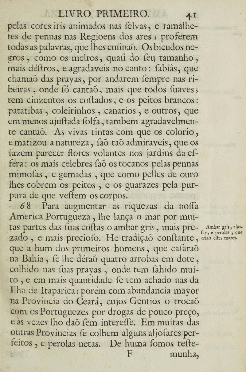 peias cores iris animados nas felvas, e ramalhe¬ tes de pennas nas Regioens dos ares ; proferem todas as palavras, que lhes eníinaó. Os bicudos ne¬ gros , como os melros, quaíi do feu tamanho, mais déítros, eagradaveis no canto: fabiâs, que chamaó das prayas, por andarem fempre nas ri¬ beiras , onde fó cantaó, mais que todos fuaves> tem cinzentos os coitados, e os peitos brancos: patatibas, coleirinhos, canarios , e outros, que em menos ajuftada folfa, também agradavelmen¬ te cantaó. As vivas tintas com que os colorio, e matizou a natureza, faó tao admiráveis, que os fazem parecer flores volantes nos jardins da efl- fera: os mais celebres faó os tocanos pelas pennas mimofas, e gemadas , que como pelles de ouro lhes cobrem os peitos, e os guarazes pela pur¬ pura de que veftem os corpos. 6 8 Para augmentar as riquezas da nofla America Portugueza, lhe lança o mar por mui¬ tas partes das fuascoftas o ambar gris, mais pre¬ zado , e mais preciofo. He tradiçaó confiante, que a hum dos primeiros homens, que cafaraó na Bahia , fe lhe déraó quatro arrobas em dote, colhido nas luas prayas , onde tem fahido mui¬ to , e em mais quantidade fe tem achado nas da Ilha de Itaparica; porém com abundancia mayor na Província do Ceará, cujos Gentios o trocaó com cs Portuguezes por drogas de pouco preço, e às vezes lho daó fem interefle. Em mu itas das outras Províncias fe colhem alguns aljôfares per¬ feitos , e pérolas netas. De huma fomos teífe- í F munha, Ambar gris, aljô¬ far, e pérolas , que criaó efles mares.