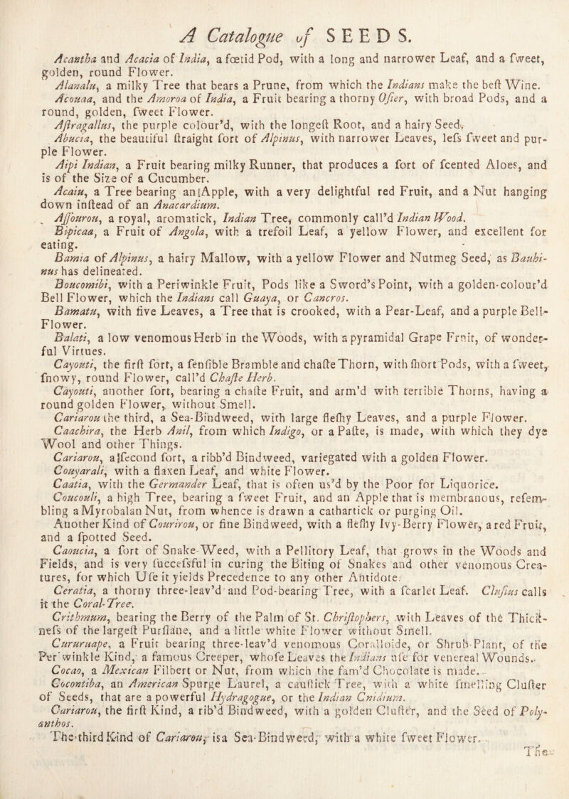 Acantha and Acacia of India, a foetid Pod, with a long and narrower Leaf, and a fweet, golden, round Flower. Alanalu, a milky Tree that bears a Prune, from which the Indians make the beft Wine. Acouaa, and the Amoroa of India, a Fruit bearing a thorny Ofier, with broad Pods, and a round, golden, fweet Flower. Aflragallus, the purple colour’d, with the longed Root, and a hairy Seedy Abucia, the beautiful ftraight fort of Alpinus, with narrower Leaves, lefs fweet and pur» pie Flower. Aipi Indian, a Fruit bearing milky Runner, that produces a fort of fcented Aloes, and is of the Size of a Cucumber. Acaiu, a Tree bearing aniAppIe, with a very delightful red Fruit, and a Nut hanging down in dead of an Anacardium. AJfourou, a royal, aromatick, Indian Tree, commonly call’d Indian IVood. Bipicaa, a Fruit of Angola, with a trefoil Leaf, a yellow Flower, and excellent for eating. Bamia of Alpinus, a hairy Mallow, with a yellow Flower and Nutmeg Seed, as Bauhi- nus has delineated. Boucomibi, with a Periwinkle Fruit, Pods like a Sword’s Point, with a golden-colour’d Bell Flower, which the Indians call Guaya, or Cancros. Bamatu, with five Leaves, a Tree that is crooked, with a Pear-Leaf, and a purple Bell- Flower. Balati, a low venomous Herb in the Woods, with a pyramidal Grape Finit, of wonder¬ ful Virtues. Cayouti, the fird fort, a fen Able Bramble and chade Thorn, with fhort Pods, with a fweet, fnowy, round Flower, call’d Chafle Herb. Cayouti, another fort, bearing a chade Fruit, and arm’d with terrible Thorns, having a round golden Flower,, without Smell. Cariarou the third, a Sea-Bindweed, with large flefhy Leaves, and a purple Flower. Caachira, the Herb Anil, from which Indigo, or a Pade, is made, with which they dye Wool and other Things. Cariarou, aSfecond fort, a ribb’d Bindweed, variegated with a golden Flower. Couyarali, with a flaxen Leaf, and white Flower. Caatia, with the Germander Leaf, that is often us’d by the Poor for Liquorice. Coucouli, a high Tree, bearing a fweet Fruit, and an Apple that is membranous, refetrv- bling a Myrobalan Nut, from whence is drawn a cathartick or purging Oil. Another Kind of Courir oh, or fine Bindweed, with a flefhy Ivy-Berry Flower, a red Fruit, and a fpotted Seed. Caoucia, a fort of Snake-Weed, with a Pel 1 itory Leaf, that grows in the Woods and Fields, and is very fuccefsful in curing the Biting of Snakes and other venomous Crea¬ tures, for which Ufe it yields Precedence to any other Antidote Ceratia, a thorny three-leav’d and Pod-bearing Tree, with a Tear let Leaf. Clufms calls it the Coral-Tree. Crithmum, bearing the Berry of the Palm of Sr. Chrijlophers, with Leaves of the Thidt- nefs of the largeft Purflane, and a little white Flower without Smell. Cururuape, a Fruit bearing three-leav’d venomous Coralloide, or Shrub-Plant, of trie Per'winkle Kind, a famous Creeper, whofe Leaves tht Indians ufe for venereal Wounds.. Cocao, a Mexican Filbert or Nut, from which the fam’d Chocolate is made. Cocontiba, an Americans purge Laurel, a c au flick Tree, with a white frneHing Clufter of Seeds, that are a powerful Ilydragogue, or the Indian Cnidium. Cariarou, the fir0: Kind, a rib’d Bindweed, with a golden Cluflfr, and the Seed of Poly- anthos. third Kind of Cariarouf is a Sea-Bindweed, with a white fweet Flower, Tfia