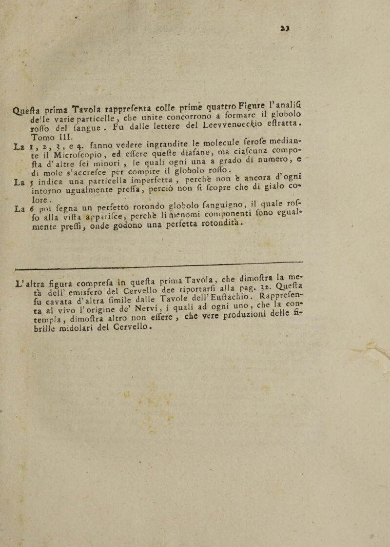 Quella prima Tavola rapprefenta colle prime quattro Figure a ri al fi delle varie particelle, che unite concorrono a formare ‘Iftlobolo roflo del fangue . Fu dalle lettere del Leevvenoec^io eftratta. La 7?™% , e 4. fanno vedere ingrandite le molecule ferofe median¬ te il Microfcopio, ed effere quelle diafane, ma ciascuna compo¬ rta d’altre fei minori , le quali ogni una a grado di numero, e di mole s’accrefce per compire il globolo rollo. „ . La $ indica una particella imperfetta, perche non e, ancora degni intorno ugualmente preflfa, perciò non lì feopre che di gì La 6 poi fegna un perfetto rotondo globolo fanguigno, il quale tof- fo alla villa apparifee, perché li menomi componenti fono egual¬ mente preflìj onde godono una perfetta rotondità. .'altra figura comprefa in quella prima Tavola , che dimollra £ l'a dell’ emisfero del Cervello dee r.portarfi alla Plg- 3*- <*-“f fu cavata d'altra fimile dalle Tavole dell Euftachio. ta al vivo l’origine de' Nervi, i quali ad ogni uno, che '°£> «mp!a dimollra altro non efifere , che vere produzioni delie h- brille midolari del Cervello.