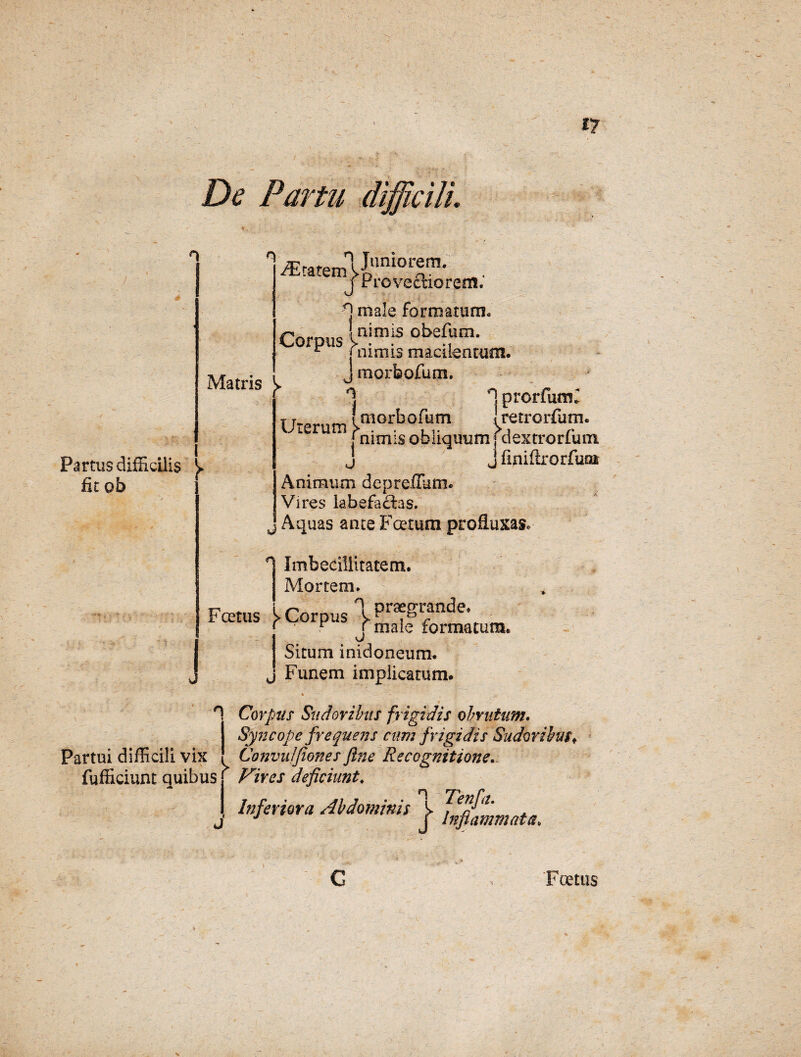 De Partu difficili. Partus difficilis fit ob Matris y iEratemV,mioren,; emj-provec1;lorem. male formatum. Cnrnw Lnimis obefurn. P j nimis macilentum. J morfeofum. o f morbofum j prcrfum, V retrorfum. liqimm f dextro r fu m finifirorfum Uterum VUUiUUiKt j nimis ob 1 J Animum deprefium. Vires labefacias, j Aquas ante Foetum profluxas. 1 Imbecillitatem. Mortem. Fcetus l Corpus lP‘^nde. * f male formatum. Situm inidoneum. j Funem implicatum. H Corpus Sudoribus frigidis obrutum. Syncope frequens cum frigidis Sudoribus♦ Partui difficili vix ! ConvuJJiones fine Recognitione. fufficiunt quibus Vives deficiunt. Tenfa. Inferiora Abdominis j /nfiammats. C Fcetus