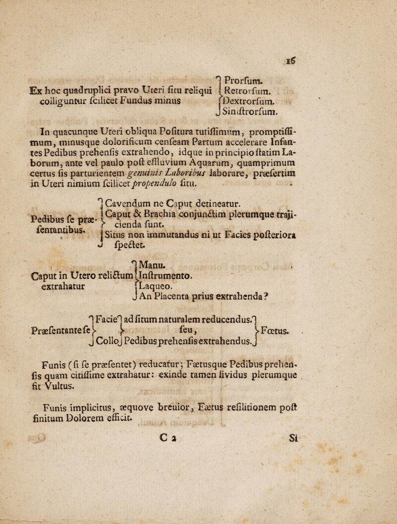 / / 1 Prorium. Ex hoc quadruplici pravo Uteri fitu reliqui I Retrorfum. colliguntur fodicet Fundus minus j Dextrorfum. j Siniftrorfum. In quacunque Uteri obliqua Pofitura turiffimum, promptiffi- mum, minusque doiorificum eenfeam Partum accelerare Infan¬ tes Pedibus prehenfis extrahendo, idque in principio ftatim La¬ borum, ante vel paulo poft effluvium Aquarum, quamprimum certus fis parturientem genuinis Laboribus laborare, praeferam in Uteri nimium fcilieetpropendulo fitu. ,rj Cavendum ne Caput detineatur. Pedibus fe ora- ! CaPut & Brachia conjunaim plerumque traji- en ana us« | gj£us noa inimutandus ni ut Facies pofteriora aJ fpeftet» 1 Manu. Caput in Utero teliflum! Inftrutnento. extrahatur j Laqueo. J An Placenta prius extrahenda? 1 Faciei ad fitum naturalem reducendus/] Prafentantefe j> y feu, V Foetus. j Colloj Pedibus prehenfis extrahendus J Funis (fi fe prafentet) reducatur; Faetusque Pedibus prehen¬ fis quam citifiime extrahatur: exinde tamen lividus plerumque fit Vultus. Funis implicitus, aequove breuior, Fsetus refilitionem poft finitum Dolorem efficit. f ' * «• P 4 =. ’ . y. i ■ V --jr- % ^ 'tJ c a Si V