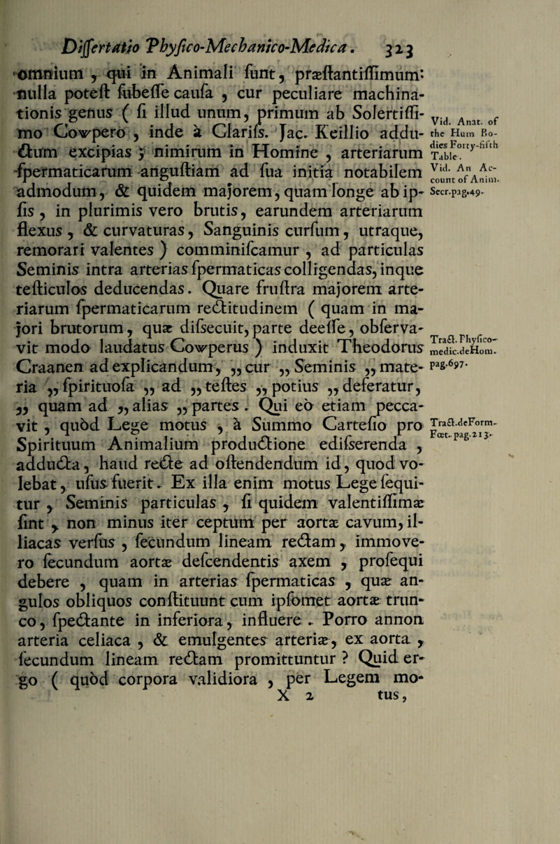omnium , qui in Animali funt, prsefiantiffimum'- nulla poteft fubeffe caufa , cur peculiare machina¬ tionis genus ( fi illud unum, primum ab Solertiffi- mo Coepero , inde k Clariis. Jac* Keillio addu- dtum excipias J nimirum in Homine , arteriarum fpermaticarum angufliam ad fua initia notabilem admodum, & quidem majorem, quam longe abip- fis, in plurimis vero brutis, earundem arteriarum flexus , & curvaturas, Sanguinis curium, utraque, remorari valentes ) comminifcamur , ad particulas Seminis intra arterias fpermaticas colligendas, inque tefficulos deducendas. Quare fruftra majorem arte¬ riarum fpermaticarum redfitudinem ( quam in ma¬ jori brutorum, quae difsecuit,parte deeffe, obferva- vit modo laudatus Cowperus ) induxit Theodorus Craanen ad explicandum , „ cur „ Seminis ,, mate¬ ria ,, fpirituofa „ ad „tefles „ potius „ deferatur, „ quam ad „ alias „ partes. Qui eb etiam pecca¬ vit , quod Lege motus , a Summo Cartefio pro Spirituum Animalium produdtione edifserenda , aadudta, haud redi e ad offendendum id, quod vo¬ lebat, ufusfuerit. Ex illa enim motus Lege fequi- tur , Seminis particulas , fi quidem valentiffimas fint y non minus iter ceptum per aortas cavum, il- liacas verius , fecundum lineam redlam,, immove- ro fecundum aortas defeendentis axem , profequi debere , quam in arterias fpermaticas , quas an¬ gulos obliquos conflituunt cum ipfomet aortae trun¬ co, fpedlante in inferiora, influere . Porro annon arteria celiaca , & emulgentes arteriae, ex aorta , fecundum lineam redlam promittuntur? Quid er¬ go ( quod corpora validiora , per Legem mo- X 2 tus9 Vid. Anat. of the H um P.o- dies F01 ty-fiith Table. Vid. An Ac¬ count of Anim. Secr.pag.49> Tra£L Fhyfico- medic.deHoni. pag-697- Tra£.deForm~ Foet. pag.213»