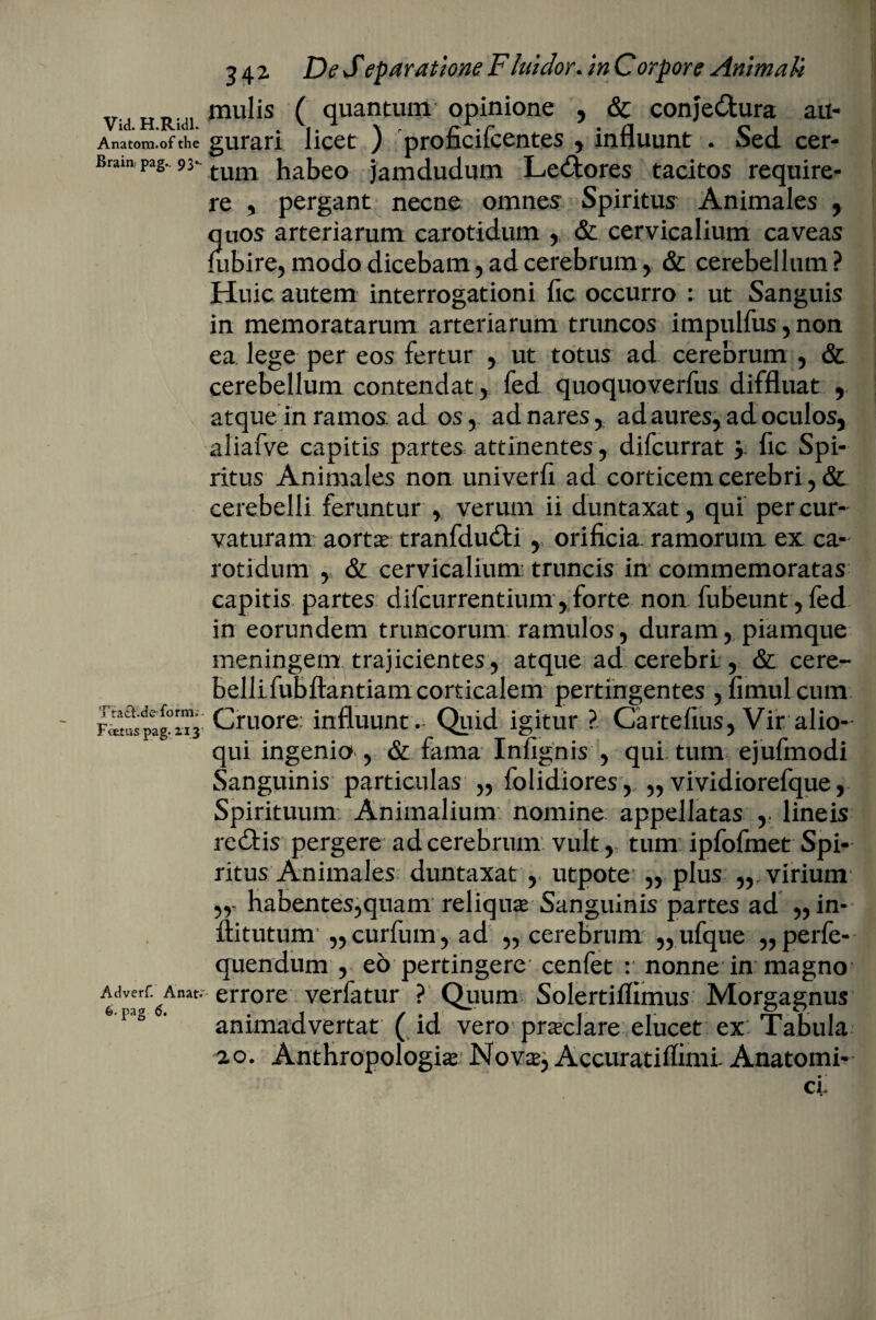 H Rui mul‘s ( quantum opinione , & conje&ura au- Anatom.of the gurari licet ) proficifcentes , influunt . Sed cer- Bram Pag. 93. tum habeo jamdudum Le£tores tacitos require¬ re , pergant necne omnes Spiritus Animales , quos arteriarum carotidum , & cervicalium caveas fubire, modo dicebam , ad cerebrum y & cerebellum ? Huic autem interrogationi fic occurro : ut Sanguis in memoratarum arteriarum truncos impulfus , non ea lege per eos fertur y ut totus ad cerebrum y & cerebellum contendat,. fed quoquoverfus diffluat y atque in ramos ad os, ad nares , ad aures, ad oculos* aliafve capitis partes attinentes, difcurrat * fic Spi¬ ritus Animales non univerii ad corticem cerebri, & cerebelli feruntur , verum ii duntaxat, qui per cur¬ vaturam aortse tranfdu&i , orificia, ramorum ex ca¬ rotidum , & cervicalium truncis in commemoratas capitis partes difcurrentium,forte non fubeunt,fed in eorundem truncorum ramulos, duram, piamque meningem trajicientes, atque ad cerebri, & cere¬ belli fubftantiam corticalem pertingentes ,fimulcum Fimsptg0^ Cruore: influunt.- Quid igitur ? Cartefius, Vir alio- qui ingenia , & fama Infignis , qui tum ejufmodi Sanguinis particulas „ folidiores , „ vividiorefque, Spirituum Animalium nomine appellatas ,, lineis re£tis pergere ad cerebrum: vult, tum ipfofmet Spi¬ ritus Animales duntaxat , utpote „ plus ,,. virium habentes,quam reliquse Sanguinis partes ad „in- ftitutum ,,curfum, ad „ cerebrum „ufque „perfe- quendum , eo pertingere cenfet : nonne in magno ^1vaerf-6Anat*-errore verfatur ? Quum Solertiflimus Morgagnus 'Fg * animadvertat ( id vero praeclare elucet ex Tabula 20. Anthropologias Nova?, Accuratiffimi. Anatomi-