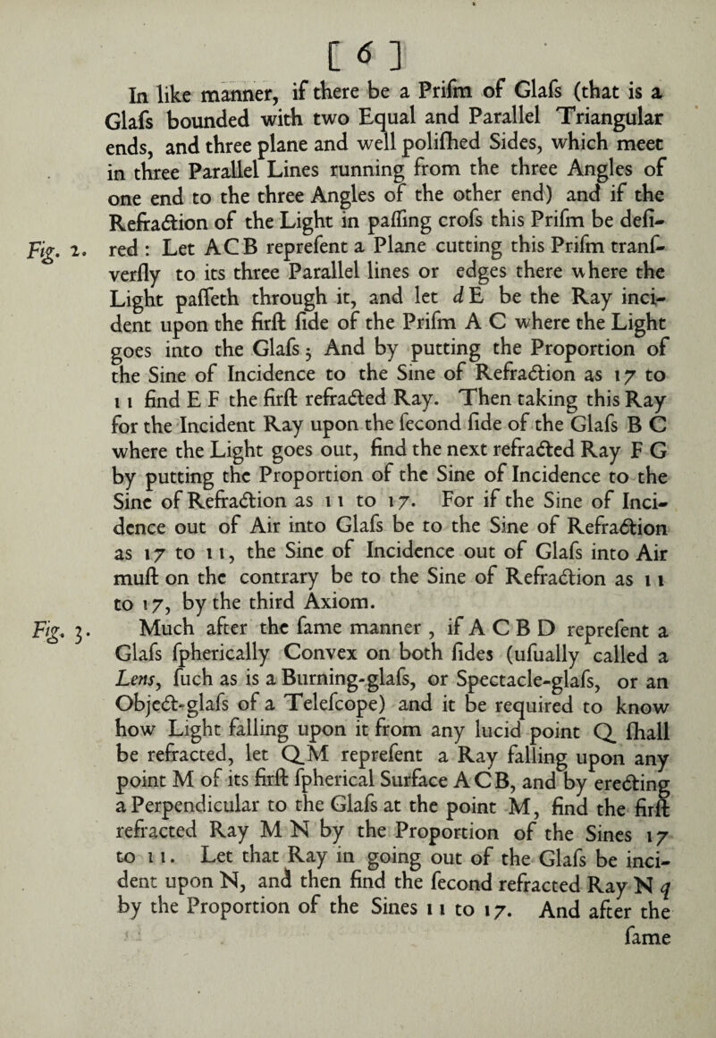 In like manner, if there be a Prifm of Glafs (that is a Glafs bounded with two Equal and Parallel Triangular ends, and three plane and well poliflied Sides, which meet in three Parallel Lines running from the three Angles of one end to the three Angles of the other end) and if the Reftadion of the Light in pafling crofs this Prifm be defi- Fig* 2. red : Let AGB reprefent a Plane cutting this Prifm trant- verfly to its three Parallel lines or edges there where the Light palfeth through it, and let d E be the Ray inci¬ dent upon the firft fide of the Prifm A C where the Light goes into the Glafs 3 And by putting the Proportion of the Sine of Incidence to the Sine of Refraction as 17 to 11 find E F the firft refiraCled Ray. Then taking this Ray for the Incident Ray upon the fecond fide of the Glafs B C where the Light goes out, find the next refraCted Ray F G by putting the Proportion of the Sine of Incidence to the Sine of RefraCtion as 11 to 17. For if the Sine of Inci¬ dence out of Air into Glafs be to the Sine of RefraCtion as 17 to 11, the Sine of Incidence out of Glafs into Air muft on the contrary be to the Sine of RefraClion as 11 to 17, by the third Axiom. Fig* 3. Much after the fame manner , if A C B D reprefent a Glafs fpherically Convex on both fides (ufually called a Lensj fuch as is a Burning-glafs, or Spectacle-glafs, or an ObjeCl-glafs of a Telefcope) and it be required to know how Light falling upon it from any lucid point Q_ fhall be refracted, let QlM reprefent a Ray falling upon any point M of its firft fpherical Surface ACB, and by ereCting a Perpendicular to the Glafs at the point M, find the firft refracted Ray M N by the Proportion of the Sines 17 to 11. Let that Ray in going out of the Glafs be inci¬ dent upon N, and then find the fecond refracted Ray N q by the Proportion of the Sines 11 to 17. And after the fame