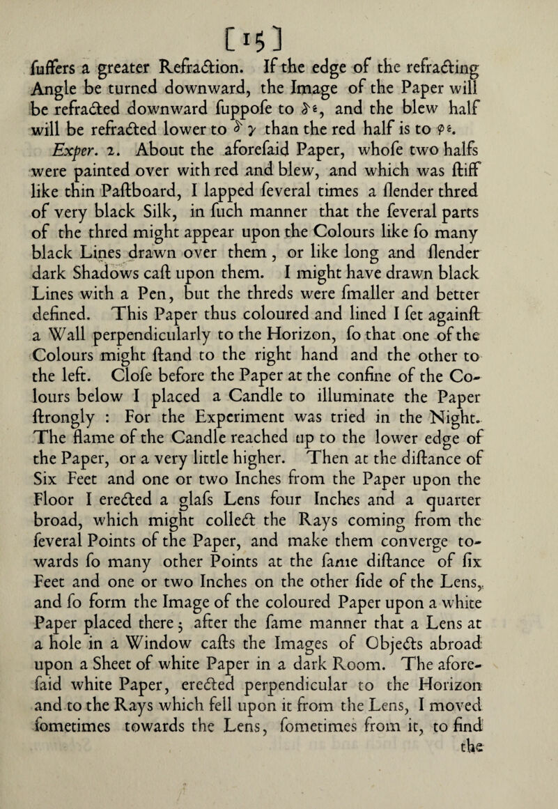 fufFers a greater Refraftion. If the edge of the refrading Angle be turned downward, the Image of the Paper will be refraded downward fuppofe to and the blew half will be refradled lower to ^ y than the red half is to 9 Exper, 2. About the aforefaid Paper, whofe two halfs were painted over with red and blew, and which was ftiff like thin Paftboard, I lapped feveral times a (lender thred of very black Silk, in fuch manner that the feveral parts of the thred might appear upon the Colours like fo many black Lines drawn over them, or like long and flender dark Shadows call upon them. I might have drawn black Lines with a Pen, but the threds were fmaller and better defined. This Paper thus coloured and lined I fet againft a Wall perpendicularly to the Horizon, fo that one of the Colours might Hand to the right hand and the other to the left. Clofe before the Paper at the confine of the Co¬ lours below I placed a Candle to illuminate the Paper ftrongly : For the Experiment was tried in the Night* The flame of the Candle reached up to the lower edge of the Paper, or a very little higher. Then at the diftance of Six Feet and one or two Inches from the Paper upon the Floor I ere6led a glafs Lens four Inches and a quarter broad, which might colledl the Rays coming from the feveral Points of the Paper, and make them converge to¬ wards fo many other Points at the fame diftance of fix Feet and one or two Inches on the other fide of the Lens,, and fo form the Image of the coloured Paper upon a white Paper placed there 5 after the fame manner that a Lens at a hole in a Window cafts the Images of Objefts abroad upon a Sheet of white Paper in a dark Room. The afore¬ faid white Paper, eredled perpendicular to the Horizon and to the Rays which fell upon it from the Lens, I moved fometimes towards the Lens, fometimes from it, to find the