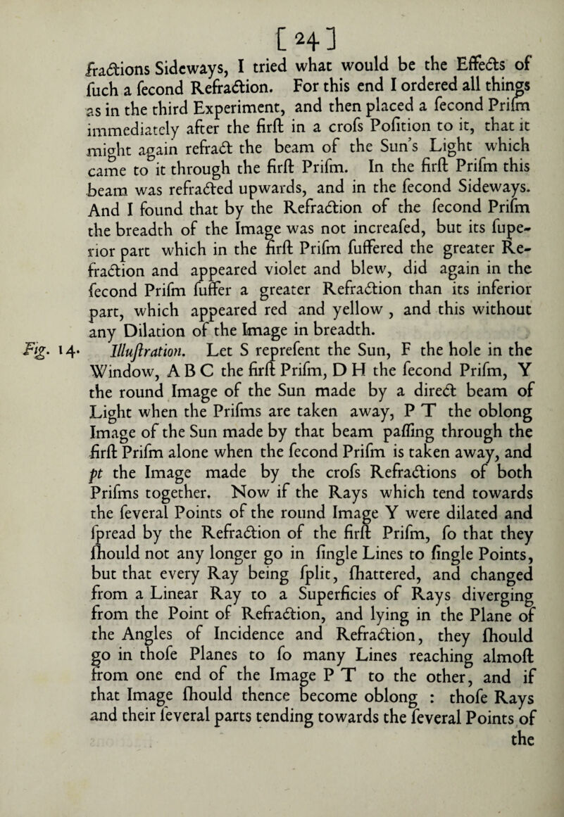 Ch] fradions Sideways, I tried what would be the Effeds of fuch a fecond Refradion. For this end I ordered all things as in the third Experiment, and then placed a fecond Prifm immediately after the firft in a crofs Pofition to it, that it might again refraa the beam of the Suns Light which came to it through the firft Prifm. In the firft Prifm this beam was refraded upwards, and in the fecond Sideways. And I found that by the Refradion of the fecond Prifm the breadth of the Image was not increafed, but its fupe- rior part which in the hrft Prifm fuffered the greater Re- fradion and appeared violet and blew, did again in the fecond Prifm fuffer a greater Refradion than its inferior part, which appeared red and yellow , and this without any Dilation of the Image in breadth. ' 4‘ lllujlration. Let S reprefent the Sun, F the hole in the Window, ABC the firft Prifm, D H the fecond Prifm, Y the round Image of the Sun made by a dired beam of Light when the Prifms are taken away, P T the oblong Image of the Sun made by that beam paffing through the firft Prifm alone when the fecond Prifm is taken away, and pt the Image made by the crofs Refradions of both Prifms together. Now if the Rays which tend towards the feveral Points of the round Image Y were dilated and fpread by the Refradion of the firft Prifm, fo that they fliould not any longer go in fingle Lines to Angle Points, but that every Ray being fplit, {battered, and changed from a Linear Ray to a Superficies of Rays diverging from the Point of Refradion, and lying in the Plane of the Angles of Incidence and Refradion, they fhould go in thofe Planes to fo many Lines reaching almoft from one end of the Image P T to the other, and if that Image ibould thence become oblong : thofe Rays and their feveral parts tending towards the feveral Points of the