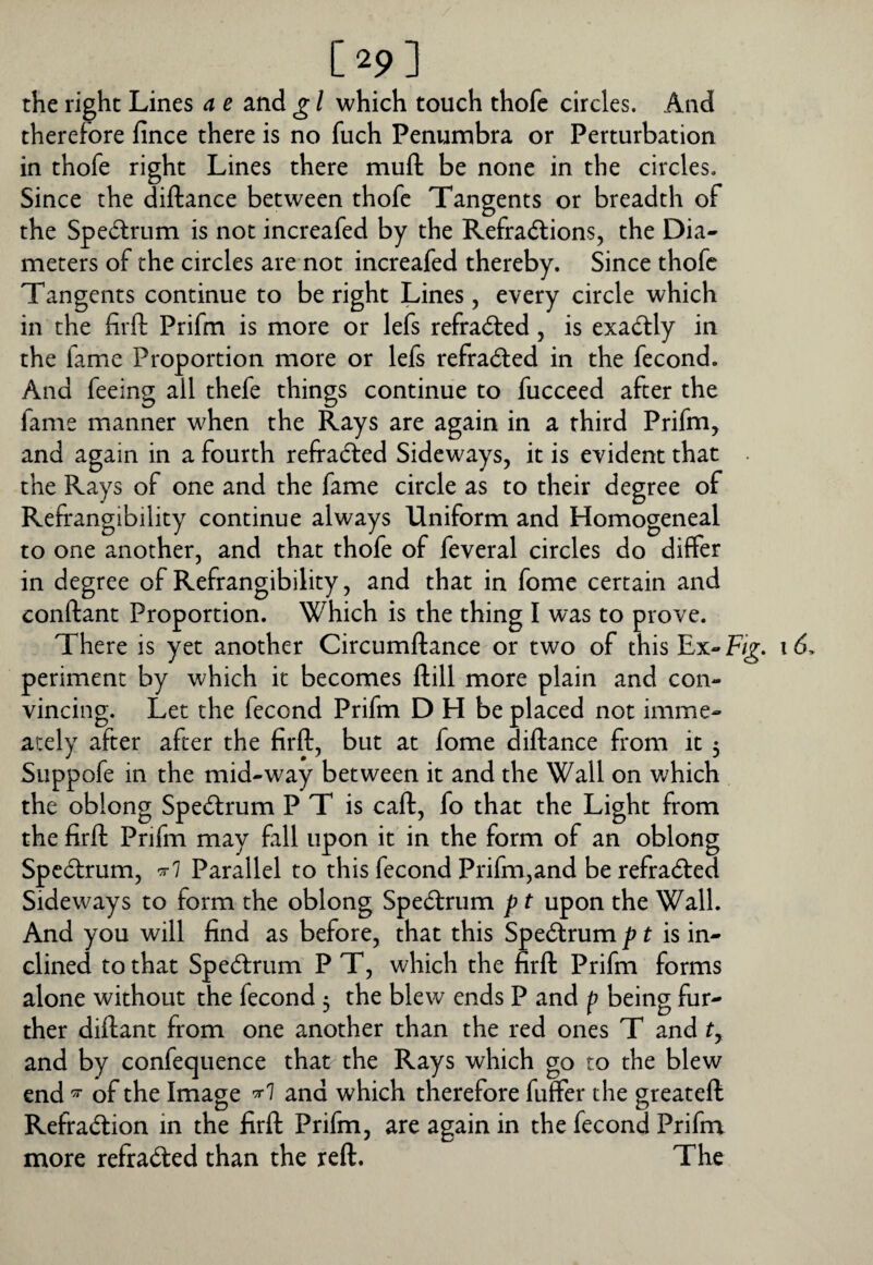 [ 29 ] the right Lines a e and g I which touch thofe circles. And therefore fince there is no fuch Penumbra or Perturbation in thofe right Lines there muft be none in the circles. Since the diftance between thofe Tangents or breadth of the Spectrum is not increafed by the Refradlions, the Dia¬ meters of the circles are not increafed thereby. Since thofe Tangents continue to be right Lines, every circle which in the firft Prifm is more or lefs refracted, is exactly in the fame Proportion more or lefs refracted in the fecond. And feeing all thefe things continue to fucceed after the fame manner when the Rays are again in a third Prifm, and again in a fourth refradled Sideways, it is evident that the Rays of one and the fame circle as to their degree of Refrangibiiity continue always Uniform and Homogeneal to one another, and that thofe of feveral circles do differ in degree of Refrangibiiity, and that in fome certain and conftant Proportion. Which is the thing I was to prove. There is yet another Circumftance or two of this Ex- Fig. perimenc by which it becomes ftill more plain and con¬ vincing. Let the fecond Prifm D H be placed not imme- ately after after the firft, but at fome diftance from it 5 Siippofe in the mid-way between it and the Wall on which the oblong Spetftrum P T is caft, fo that the Light from the firft Prifm may fall upon it in the form of an oblong Spccftrum, ^7 Parallel to this fecond Prifm,and be refracted Sideways to form the oblong Spectrum p t upon the Wall. And you will find as before, that this Spectrum p t is in¬ clined to that Spe(ftrum P T, which the firft Prifm forms alone without the fecond 5 the blew ends P and f being fur¬ ther diftant from one another than the red ones T and f, and by confequence that the Rays which go to the blew end of the Image and which therefore fuffer the greateft Refrad:ion in the firft Prifm, are again in the fecond Prifm more refrafted than the reft. The