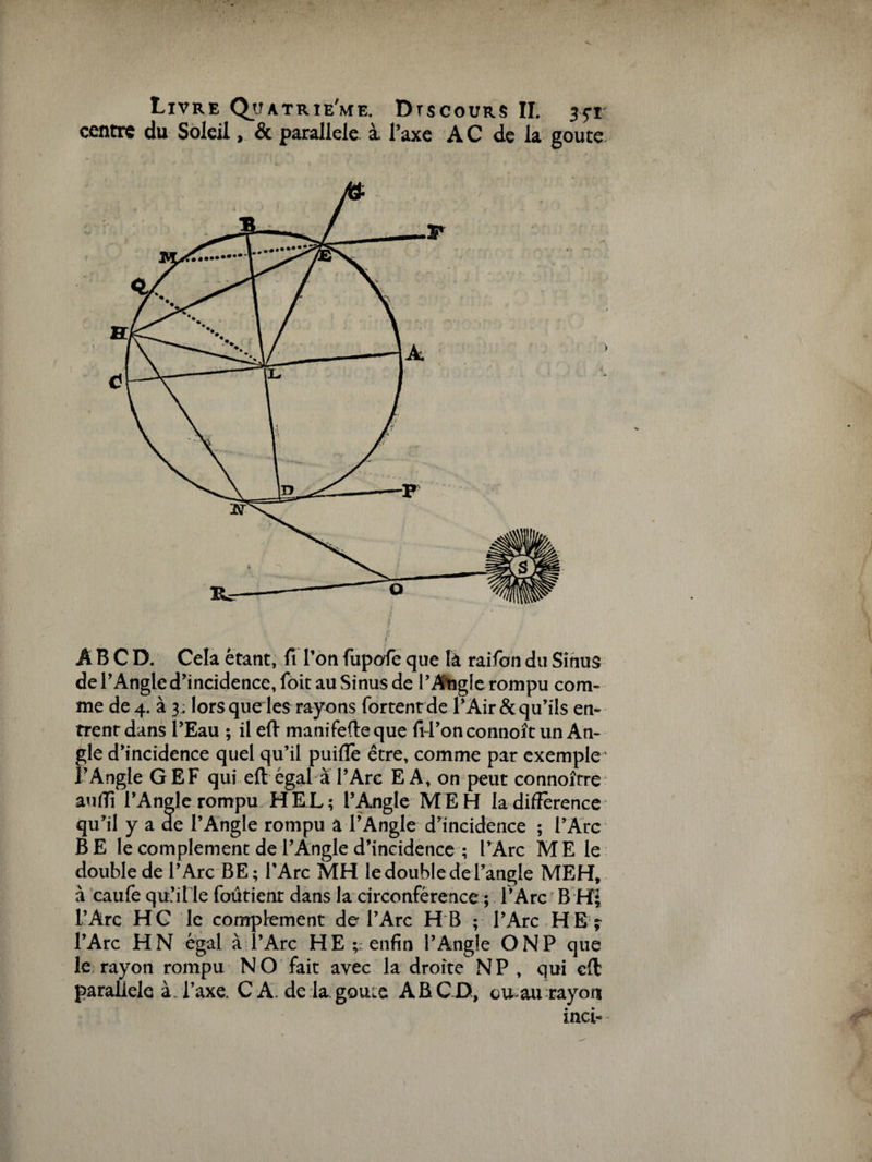 centre du Soleil, &amp; parallèle, à l’axe AC de la goûte f 1» /’ A B C D. Cela étant, fi l’on fupofe que là raifon du Sinus de l’Angle d’incidence, foit au Sinus de P Aigle rompu com¬ me de 4. à 3 ; lors que les rayons Portent de l’Air &amp; qu’ils en» trentdans l’Eau ; il efi manifefteque fi~l’on connoît un An» gle d’incidence quel qu’il puiiïè être, comme par exemple ' l’Angle G EF qui eft égal à l’Arc EA, on peut connoître au (Tl l’Angle rompu H EL; l’Angle ME H la différence qu’il y a de l’Angle rompu a l’Angle d’incidence ; l’Arc B E le complément de l’Angle d’incidence ; l’Arc M E le double de l’Arc BE; l’Arc MH le double de l’angle MEH, à caufe quel le foûtienr dans la circonférence ; l’Arc B H; l’Arc HC le complément de l’Arc H B ; l’Arc HE ; l’Arc H N égal à l’Arc HE;; enfin l’Angle ONP que le rayon rompu NO fait avec la droite N P , qui efl parallèle à. l’axe. C A. de la gouie AB C D, eu au rayon inci»