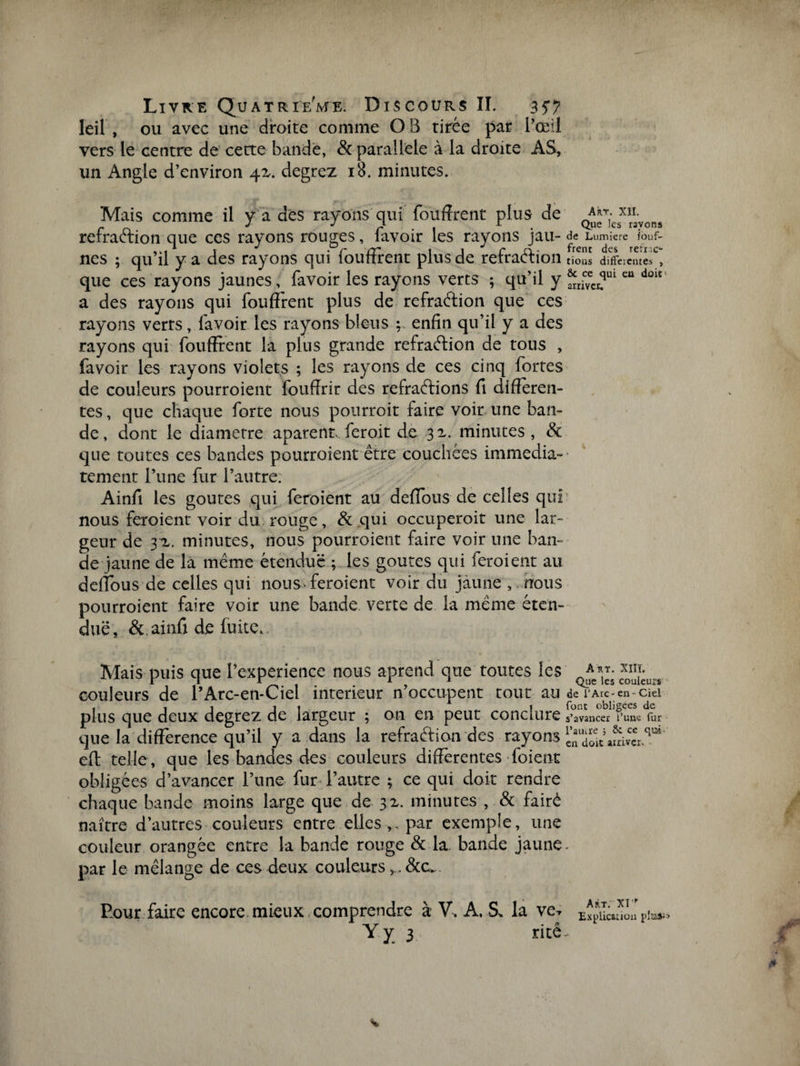 leil , ou avec une droite comme O B tirée par l’œil vers le centre de cette bande, &amp; parallèle à la droite AS, un Angle d’environ qa. degrez 18. minutes. Mais comme il v a dés rayons qui fouffrent plus de A*r- XIL J J 1 . , r Que les rayons rétraction que ces rayons rouges, lavoir les rayons jau- Lumière tour¬ nes ; qu’il y a des rayons qui fouffrent plus de réfraction lions differentes , que ces rayons jaunes, favoir les rayons verts ; qu’il y eu d01£ a des rayons qui fouffrent plus de refraétion que ces rayons verts, lavoir les rayons bleus enfin qu’il y a des rayons qui fouffrent la plus grande refraCtion de tous , favoir les rayons violets ; les rayons de ces cinq fortes de couleurs pourroient louffrir des refraétions fi differen¬ tes, que chaque forte nous pourroit faire voir une ban¬ de, dont le diamètre aparent. feroit de 3 a. minutes, &amp; que toutes ces bandes pourroient être couchées immédia¬ tement l’une fur l’autre; Ainfi les goûtes qui feroient au deffous de celtes qui nous feroient voir du rouge, &amp; qui occuperoit une lar¬ geur de 3a,. minutes, nous pourroient faire voir une ban¬ de jaune de la même étendue ; les goures qui feroient au deffous de celles qui nou s * feroient voir du jaune , nous pourroient faire voir une bande, verte de la même éten¬ due, &amp;.ainfi de fuite. Mais puis que î’experience nous aprend que toutes les couleurs de l’Arc-en-Ciel intérieur n’occupent tout au de l’Arc-en-ah plus que deux degrez de largeur ; on en peut conclure s’avancer l’une fur que la différence qu’il y a dans la refraétion des rayons eff telle, que les bandes des couleurs differentes-foient obligées d’avancer l’une fur l’autre ; ce qui doit rendre chaque bande moins large que de 3a. minutes , &amp; faire naître d’autres couleurs entre elles par exemple, une couleur orangée entre la bande rouge &amp; la. bande jaune, par le mélange de ces deux couleurs &amp;c* Pour faire encore mieux comprendre à V, A, S* la ve^ pia»> Y y 3 ritê-