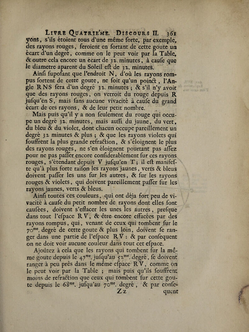 yons, s’ils étaient tous d’une même forte, par exemple, des rayons rouges, feroient en fortant de cette goûte un écart a’un degré, comme on le peut voir par la Table, &amp; outre cela encore un écart de 3x. minutes, à caufe que le diamètre aparent du Soleil eft de sz. minutes. Ainfi fupofant que l’endroit N, d’où les rayons rom¬ pus fortent de cette goûte, ne foit qu’un poinft , l’An¬ gle R N S fera d’un degré 3 z. minutes ; &amp; s’il n’y avoit que des rayons rouges, on verroit du rouge depuis R jufqu’en S, mais fans aucune vivacité à caufe du grand écart de ces rayons, &amp; de leur petit nombre. Mais puis qu’il y a non feulement du rouge qui occu¬ pe un degré sz. minutes, mais auffi du jaune, du vert, du bleu &amp; du violet, dont chacun occupe pareillement un degré 3 z minutes &amp; plus ; &amp; que les rayons violets qui fouffrènt la plus grande refraftion, &amp; s’éloignent le plus des rayons rouges, ne s’en éloignent pourtant pas aiïez pour ne pas palier encore confiderablement fur ces rayons rouges, s’étendant depuis V jufqu’en T ; il eft manifef te qu’à plus forte raifon les rayons jaunes, verts &amp; bleus doivent palier les uns fur les autres, 8c fur les rayons rouges &amp; violets, qui doivent pareillement palfer fur les rayons jaunes, verts &amp; bleus. Ainfi toutes ces couleurs, qui ont déjà fort peu de vi¬ vacité à caufe du petit nombre de rayons dont elles font caufées, doivent s’effacer les unes les autres, prefque dans tout l’efpace R V, &amp; être encore effacées par des rayons rompus, qui, venant de ceux qui tombent fur le 7omc. degré de cette eoute &amp; plus loin, doivent fe ran¬ ger dans une partie de l’efpace R V : &amp; par confequent on ne doit voir aucune couleur dans tout cet efpace. Ajoutez à cela que les rayons qui tombent fur la mê¬ me goûte depuis le 47**. jufqu’au fzmc. degré, fe doivent ranger à peu près dans le même efpace RV, comme on le peut voir par la Table ; mais puis qu’ils fouffrènt moins de refraêlion que ceux qui tombent fur cette goû¬ te depuis le 68rae. jufqu’au 70™. degré , &amp; par confe- Z z quent