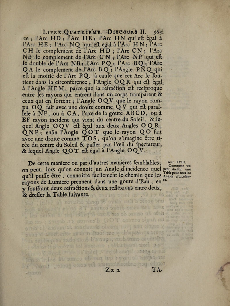ce ; l’Arc HD ; l’Arc HE ; l’Arc H N qui eft égal à l’Arc HE; l’Arc N Q^ qui eft égal à l’Arc HN; l’Arc C H le complément de l’Arc H D ; l’Arc C N ; l’Arc NB le complément de l’Arc C N ; l’Arc N P qui eft le double de l’Arc NB; l’Arc PQj l’Arc BQj l’Arc Q A le complément de l’Arc B Q ; l’Angle P N qui eft la moitié de l’Arc pa à caufe que cet Arc le fon¬ dent dans la circonférence ; l’Angle OQR qui eft égal à l’Angle HEM, parce que la refraétion eft réciproque entre les rayons qui entrent dans un corps tranfparent &amp; ceux qui en fortent ; l’Angle O QV que le rayon rom¬ pu OQ_ fait avec une droite comme QV qui eft paral¬ lèle à NP, ou à CA, l’axe de la goûte AB CD, ou à EF rayon incident qui vient du centre du Soleil, &amp; le¬ quel Angle O QV eft égal aux deux Angles O QR, QN P ; enfin l’Angle QO T que le rayon QO fait avec une droite comme T O S, qu’on s’imagine être ti¬ rée du centre du Soleil &amp; pafler par l’œil du fpeftateur, &amp; lequel Angle QjO T eft égal à l’Angle O QV. De cette maniéré ou par d’autres maniérés femblables, xvm- ■i' . 1 Comment ou on peut, lors qu’on connoit un Angle d incidence quel pcnt diefler une qu’il puifle être , connoître facilement le chemin que les Angles d’inadîn- rayons de Lumière prennent dans une goûte d’Eau , enct y fouffrant deux refraftions &amp; deux reflexions entre deux, &amp; drefler la Table fuivante. Zz £ TA-