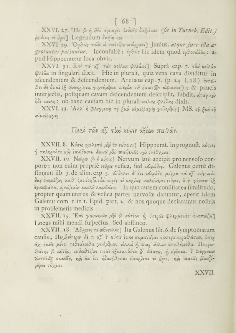 [ ^8 ] XXVI. 'ij. ’Hv ^ ii, cf)n a-fxiK^cv hi^tivou fjic tu Turneb. Edit.J prji^lag 77 L.egendum XXVI 29. ’O^S-^g rcLoi c\ vcsiovjig 'zs-cto^nTi'] Junius, atque jnre ijfa £• grotantes patiuntur. Inconfulte ; lo^oog hic idem quod a- piid Fdippociacem loca obvia. XXV^I. 31. Ksm rct Tcig xolActg (pM^ag] Supri Cnp. 7, rlu) Kcl^bv (pAeSit m lingulari dixit. Hic in plurali, quia vena cava dividitur in afeendentem & defccndcntem. Areiaus cap. 7. (p. 24. 1. 18.) c^rg?- 3'6v ^oicu ^TTDi^la-iog yiy\o^on rjTrcCTi^ dtpixnov^ ; & paUCis interjedis, pollquam cavam defeendentem delcriplit, 1'ubdit, drd^ yjj j;J'g xoiAii: ob hanc caufam hic in plurali KciAug pAi^ctg dixit. XXVI. 3 3- 'Aaa’ ^ (pXiyfxcv^ Tj £ uju cuiA-oy^ctyi^ yiFvo^^^2 IVIS. rJf ^vu) (djucppayi^ Tli&x, tSh tIw zvfip o^iiip 7rc(3-£p. XXVII. 8. K j^V<f />S/j CM viiroij-i'] Hippocrat. inprognofl. Kv<g-ng i) (TxAYjOcot rg yjif iTrd^iwotf ^&ivcu /yS^ TvcL^iXSg y^ Ihi^pj-cci. XXVII. IO. Ngu^oii >? Nervum late accipit pro nervofo cor¬ pore ; non enim proprie nv^ov vefica, fed Galenus certe di- llinguit lib. 3-de alini.cap 3. d^^rjAcv oti vdj^oo^vj jnop/cc to, zs^g -zs-c- ^ag ovoptec^M, yuS cpcoioTrj^Q.TLd zxr^og tb Kupjd^g Ka,?^^p^jcy ^gL^^cl', o r yiviciv g^ tyKipclxa, y^vcolicui^ fxviX^ XctfxQcivei. In quo autem confidat ea fimilitudo, propter quam uterus & vefica partes nervofae dicuntur, aperit idem Galenus com. i.in i. Epid. part. 2. & nos quoque declaramus nollris in problematis medicis. XXVII. Tf. ‘EA yiwouxuy ^ cwAuv ^ (pXeyjucyug cciUTrii^^i^ Locus mihi mendi fufpeClus. Sed abltine.o. XXVII. 18. ’A^i^yi'^ T€'Sj€<<roA^g] Ita Galenus lib. 6.de fymptomatum cauflS ; Yls^Tore^oy n r Kv<Tiy ioixe a-vixTrlTflety \:z5'i^7rXr,^co^H(ruy, cTTi^ ^X fxoyoi TiB-idpci^A yiyopSi/jcv, dhxd. dtXcioy i7rvB'cpiiB-ct. IlAjj^iti- Sdirfjg ^ cojT^gy aA^icB'iy]ct)y Tiydv i^uycts'b/jcu ^ ^eiTrya, ^ ii^y,ircc4, r (ui^yeiuv ^TTuXicS^ (Tvuui^fjy y^ i^K iTi or.Kp/vcci TB ^^ov, y^ \y.civc>jg yS^oi TVXOiiV.