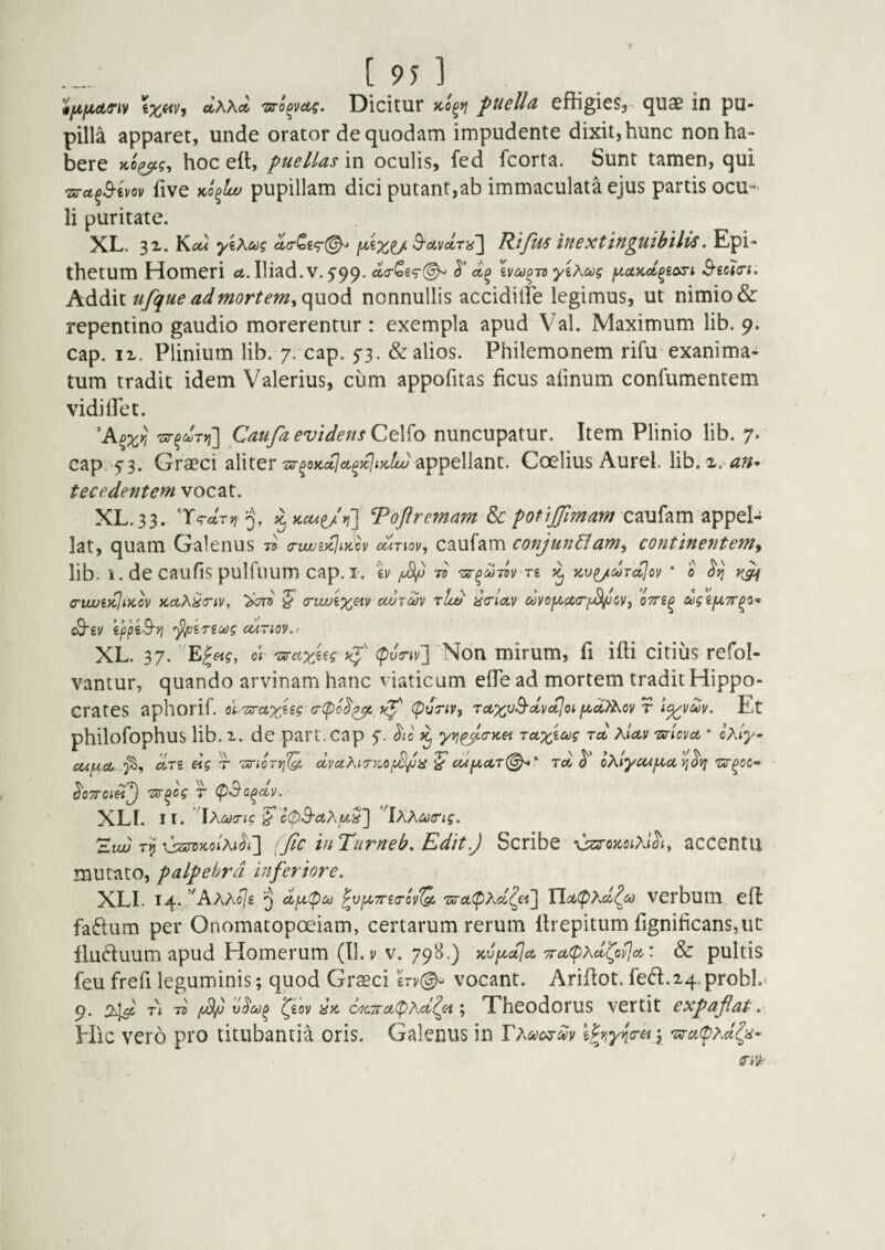 'ilJLfiATiv dwd 'ziTo^vag. Dicitur pueUu effigieSj' qu36 in pu¬ pilli apparet, unde orator de quodam impudente dixit, hunc non ha¬ bere >co£^?, hoc efl, puellas in oculis, fed fcorta. Sunt tamen, qui 'zsra^^im five pupillam dici putant,ab immaculata ejus partis ocu¬ li puritate. XL. 3x. Kcu yixcog RtfUs inextitiguibUis. Epi- thetum Homeri a, Iliad. V. 5’99. ivco^-n yixoog y,axoi^iosi Bicia-i, AdidXx. ufque ad mortem^ (\\jio6. nonnullis accidilfe legimus, ut nimio & repentino gaudio morerentur : exempla apud Val. Maximum lib. 9. cap. II. Plinium lib. 7. cap. 5-3. & alios. Philemonem rifu exanima¬ tum tradit idem Valerius, cum appofitas ficus afmum confumentem vidi flet. 'or^drvi] Caufa evidens Cg\{o nuncupatur. Item Plinio lib. 7. cap. 53. Graeci aliter appellant. Coelius Aurei. an¬ tecedentem vocat. XL.33. T-tatj? 5, Tojlremam ^ potijjimam lat, quam Galenus -d a-iwij^iydv cunov, caufam conjunElam^ continentemy lib. 1. de Caufis pulfuum cap. r. ev ts re ^ Kv^drctlov * 0 <5'>! ctwezjiKcv actX^inv, ‘hTii y cruvex^v ojuroov rlw ycrla.]/ 6ovoycc<rf^cVy oTre^ ugeyTr^o- S'sv eppeB'?i '^'ereoog cdnov.r XL. 37. ‘ di rsrctxeegx^^ (puViv] Non mirum, fi ifli citius refol- vantur, quando arvinam hanc viaticum eflTe ad mortem tradit Hippo¬ crates ^iphorif. ol'zs-ax^s^ (puTty, rax^^dvctloi yd)^ov r l^vuv. Et philofophus lib. i. de part.cap 5'. dio yyj^iTKei rux^^? tcl kUv rs-iova, • oXiy- cuya, dre eig t 'os-ioryjlgo dvuXiTioopdJya ^ rd d o^iyccijLiu ljdif ^^oc- doTTOiH^ 'orpog t q^Sa.^av. XLI. ir. 'IAmo-ic c(p3-a^u^] '^lAAooirig. Su-y rj^jzsTcxo/Aif^*] Jic inTurneb, Edit.) Scribe xsaronoiKidi, accentu mutato, palpebra inferiore. XLI. 14. ’^AAAo7g ^ ciy^oo PvyTrea-ovQ, nuci(pAd^ci~\ YiaCpAd^co VerbuiU efl faftum per Onomatopoeiam, certarum rerum flrepitum fignificans,uc fluftuum apud Homerum (11. i/ v. 79B.) x,vy,odJa. yraipAd^oi^oo: & pultis feu frefi leguminis ; quod Graeci eTy(^ vocant. Ariflot. fed.i4.probI.< 9. 2^ Ti d vdco^ ^eov Qy, c^7ra(pAcl^et; Theodorus vertit expajiat. Hic vero pro titubantia oris. Galenus in Fa^w^vv '^apAci^a-