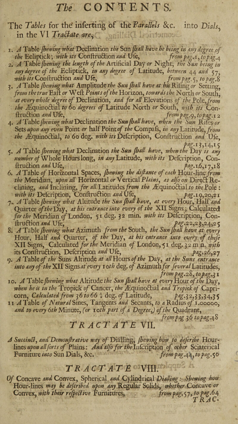 The Tables for the inferring of tiit TaraUels &c, into Dials^ in the VI Tra^ate are^ 1. ^ T2ih\Q jhervmg rvhat T>Qc\in^tion the Sun have he being in any degree.of Ecliptick; with its and frornpagA^topag,^ 2. J Table (hewing the length of the Artificial Day or Night, the Sun being in any degree of the Ecliptick, in any degree of Latitude, between 44 and 57, with its Conftruftion and Ufe, from fag. 5, to fag,% ^ Table (hewing what Amplitude Sun (hall have at Riling (?r Setting, from the true Eaft or Weft Points of the Yionzo'a^ towards the North or South, at every whole degree of Declination, and for all Elevations of the from the ^quino8;ial to 60 degrees of Latitude North or South, with its Con- ftruflion and Ufe, from fag,<^^ to fag, 12 4. AHdb\Q(hewingwhatT>tcX\m.tionthe Sm(hallhave.^ when the Sun Riles Sets uf on any even Point or half Point the Compafs, in Latitude, the Aiquinoctial, to 60 deg. with its Defeription, Conftrudion and Ufe, 5. A Table (hewing what Declination the Sun (hall have., when the T>2iy is any (?/Whole Hours long, Latitude, with its Defeription, Con- ft ruction 4 W Ufe, />4^.ij6,i7,i8 6. A Table of Horizontal Spaces, (hewing the dijlance of each Hour-line the Meridian, ufon all Horizontal Vertical Plains, as alfo on Direft Re¬ clining, and Inclining, for /?//. Latitudes/row the .iE.quino£tial to thePole : Defeription, Conftru6tion Ufe, 9,20,21 7.. A Table (hewing what Altitude the Sun (hall have, at every Hour, Half and Quarter of thelD^iy, at his entrance into every of the XII Signs; Calculated for the Meridian 0/London, 51 deg. 52 min. with its Defeription, Con- ftruHion Ufe, ^4^.22,2^,24,25 8. A Table (hewing what Azimuth from the South, the Sun (hall have at. every Hour, Half and Quarter, of the Day, at his entrance into every of theje XII Signs, Calculated for the Meridian of London,^ i deg. 3 2 m’n, with its Conftruftion, Defeription and Ufe, P45»26,27 9. A Table (/ the Suns Altitude at ^//Hours ^ffhe Suns entrance into any of the XII Signs at every i oth deg. of Azimuth for fever al Latitudes, from fag,2^, to fag,:^ i 10. A Table (hewing what Altitude the Sun (hall have at every Hour of the Day, when he is in the Tropick of Cancer, the Ai.quino£tial and Trofickof Capri¬ corn, Calculated fromto 66 \ Atg, of’L2iX.it\xAQ, 2,3 3,34,3 5 i\ A Table of Natural Sines, Tangents and Secants, to a Radius of 1,00000, and to every 6^^ Minute, (or loth fart of a Degree,) of the Quadrant, fromfag'^6tofag,aft TRACT ATE Yl\. I A Succincl, and'Demonjlrative way Diallings (hewing how to deferibe Hour- lines 0/ Plains: Andalfo for thelafciiption [of other Sciaterical FurnitureSun Dials, &:c. fromfag.^j^,tofag,i^b TRACT’ATE Vm. Of Concave and Convex, Spherical and Cylindrical Dialling: Shewing how Hour-lines may be deferibed ufon any Regular Solids, whether Concave or Convex, with their rejfeffive F urnitures, from fag, 5 7, to fag .64 f R A C*