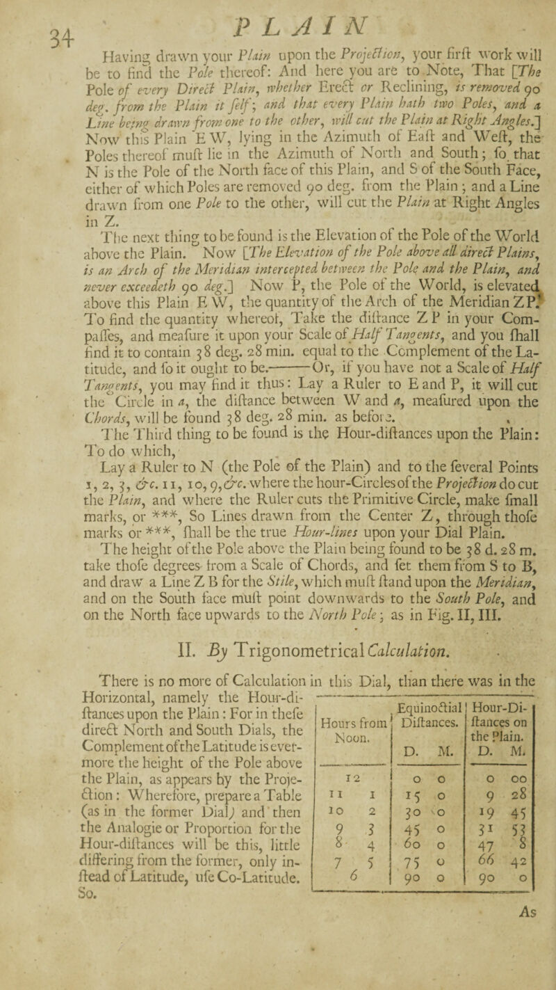 Having drawn your upon the your firft work will be to fin'd the Foie thereof: And here you are to Note, That [The Pole of every Dtrecl FUin^ rvheiher Erect or Reclining, is removed 90 de^. from the Plain it felf; and that every Plain hath two Poles^ and a. Line betn^ drawn from one to the other^ will cut the Plain at Right Angles Now thi^s Plain E\V, lying in the Azimuth of Eaft and Weft, the Poles thereof mud: lie in the Azimuth of North and South; fo. that N is the Pole of the North face of this Plain, and S of the South Face, either of which Poles are removed 90 deg. from the Plain ; and a Line drawn from one Pole to the other, will cut the Plain at Right Angles in Z. The next thing to be found is the Elevation of the Pole of the World above the Plain. Now [T//e Elevation of the Pole above all dir eel Plains^ is an Arch of the Meridian intercepted between the Polq and the Plain^ and never exceedeth 90 degl] Now P, the Pole of the World, is elevated above this Plain E W, the quantity of the Arch of the Meridian ZP.*' To find the quantity whereof. Take the diftance Z P in your Com- paffes, and meafure it upon your Scale of Half Tangents, and you fhall find it to contain 38 deg. 28 min. equal to the Complement of the La¬ titude, and fo it ouglit to be.--Or, if you have not a Scale of Half Tangents, you may find it thus: Lay a Ruler to Band P, it will cut the Circle in a, the diftance between W and a, meafured upon the Chords, will be found 38 deg. 28 min. as before. I'he Third thing to be found is the Hour-diftances upon the Plain: To do which,’ Lay a Ruler to N (the Pole of the Plain) and to the feveral Points I, 2, 3, &c. II, 10,9,dc. wherethehour-CirclesofthePriyVc?/^?»docut the Plain, and where the Ruler cuts the Primitive Circle, make fmall marks, pr So Lines drawn from the Center Z, through thofe marks or fliall be the true Hour-lines upon your Dial Plain. The height of the Pole above the Plain being found to be 38 d. 28 m. take thofe degrees- from a Scale of Chords, and fet them from S to B, and draw a Line Z B for the Stile, which mull: hand upon the Meridian, and on the South face mull point downwards to the South Pole, and on the North face upwards to the North Pole; as in Eig. II, III. II. By TngonomttnQdX Calculation. There is no more of Calculation in this Dial, than there was in the Horizontal, namely the Hour-di- ftances upon the Plain: For in thefe direft North and South Dials, the Complement of the Latitude is ever¬ more the height of the Pole above the Plain, as appears by the Proje- 6Iion : Wherefore, prepare a Table • (as in the former Dial) and “ then the Analogie or Proportion for the Hour-diftances will be this, little differing from the former, only in- llead ofTatitude, life Co-Latitude. So. Hours from Noon. Equinodial Diftances. D. M. ! Hour-Di- Itances on the .^Jain. D. M* 12 0 0 0 00 11 I 15 0 9 28 10 2 ' 0 19 45 9 8 45 0 5? 8- 4 60 0 47 8 7 5 .75 0 66 42 6 90 0 90 0 As y i