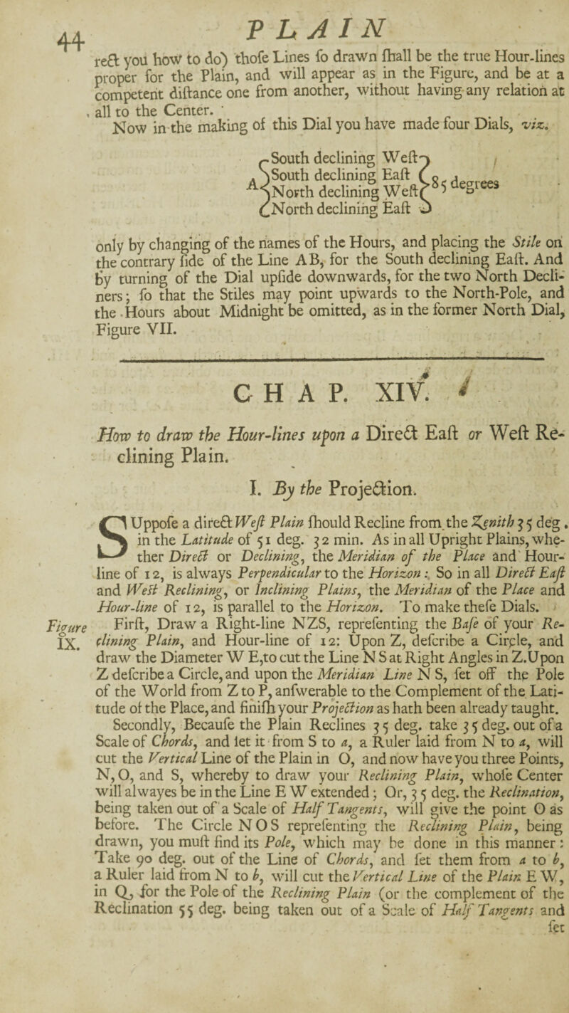 re£l: voii hbW to do) thofe Lines fo drawn fball be the true Hour-lines proper for the Plain, and will appear as in the Figure, and be at a competent diftanceone from another, without having any relation at all to the Center. ' t r • i • Now in the making of this Dial you have made four Dials, viz, ^ South declining Weft^ I . SSouth declining Eaft , -^^North declining Weftr ^ 5 ilegrees cNorth declining Eaft C) only by changing of the names of the Hours, and placing the Stile oh the contrary fide of the Line AB, for the South declining Eaft. And By turning of the Dial upfide downwards, for the two North Decli- ners; lb that the Stiles may point upwards to the North-Pole, and the .Hours about Midnight be omitted, as in the former North Dial, Figure VII. . , ■ Horv to draw the Hour-lines upori a Direct Eaft or Weft Re- ■' dining Plain. I. By the Projeftion. SUppole a diredl Wefi Plam fhould Recline from.the Zj»ith ^ 5 deg. in the Latitude of 51 deg.' 32 min. As in all Upright Plains, whe¬ ther or Declining^ Meridian of the Place and'Hour¬ line of 12, is always Perpendicular to the HorizonSo in all Dire6i Eafl and WeH Reclining^ or Inclining Plains^ the Meridian of the Place and Hour-line of 12, is parallel to the Horizon, To makethefe Dials. > Fhure Firft, Draw a Right-line NZS, reprefenting the Bafe of your Re^ IX. dining Plain^ and Hour-line of 12: Upon Z, defcribe a Cirple, and draw the Diameter W E,to cut the Line N S at Right Angles in Z.Upon Z defcribe a Circle, and upon the Meridian Line N S, fet off the Pole of the World from Z to P, anfwerable to the Complement of the Lati¬ tude ot the Place, and finilh your Projection as hath been already taught. Secondly, Becaufe the Plain Reclines ^5 deg. take 35 deg. out of a Scale of Chords^ and let it ‘ from S to 4, a Ruler laid from N to will cut the Vertical Line of the Plain in O, and now have you three Points, N, O, and S, whereby to draw your Reclining Plain^ whofe Center will alwayes be in the Line E W extended; Or, 3 5 deg. the Reclination, being taken out of a Scale of Half Tangents^ will give the point O as before. The Circle NOS reprefenting the Reclining Plain, being drawn, you muft find its Pole, which may be done in this manner: Take 90 deg. out of the Line of Chords, and fet them from a to h, a Ruler laid from N to b, will cut the Vertical Line of the Plain E W, iti Qj iof l^he Pole of the Reclining Plain (or the complement of the Reclination 55 deg. being taken out of a Scale of Half Tangents and
