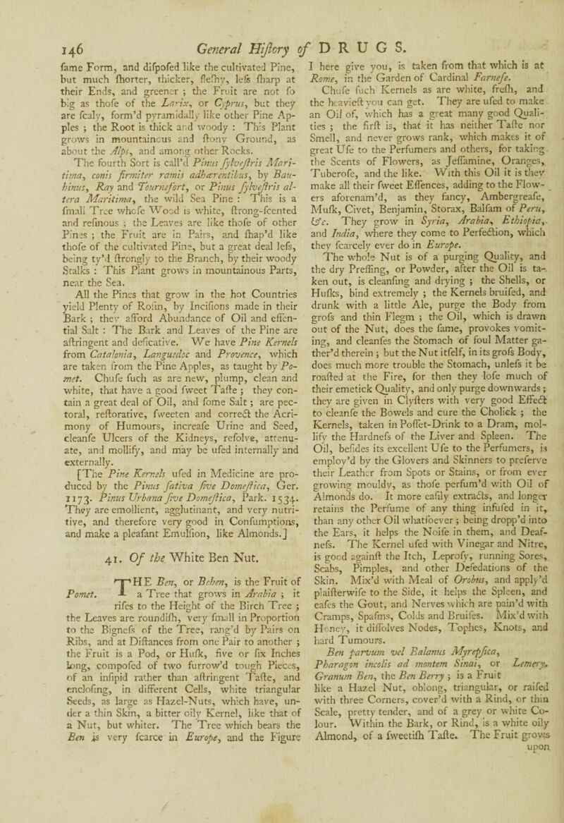 fame Form, and difpofed like the cultivated Pine, but much fhorter, thicker, flefhy, Ids fharp at their Ends, and greener ; the Fruit are not fo big as thofe of the Larix, or Cyprus, but they are fcaly, form’d pyramidally like other Pine Ap¬ ples ; the Root is thick and woody : This Plant grows in mountainous and ftony Ground, as about the Alps, and among other Rocks. The fourth Sort is call’d Firms fylvejlris Mari- tima, conis firmiter rarnis adharentilus, by Bau- hinus, Ray and Tournefort, or Pinus fylvejlris al¬ tera Maritima, the wold Sea Pine : This is a fmali Tree whefe Wood is white, ftrong-feented and refmous ; the Leaves are like thofe of other Pines ; the Fruit are in Pairs, and fhap’d like thofe of the cultivated Pine, but a great deal lefs, being ty’d ftrongly to the Branch, by their woody Stalks : This Plant grows in mountainous Parts, near the Sea. All the Pines that grow in the hot Countries yield Plenty of Rofin, by Incifions made in their Bark ; they afford Abundance of Oil and efien- tial Salt : The Bark and Leaves of the Pine are aftringent and deficative. We have Pine Kernels from Catalonia, Languedoc and Provence, which are taken from the Pine Apples, as taught by Po- met. Chafe fuch as are new, plump, clean and white, that have a good fweet Tafte ; they con¬ tain a great deal of Oil, and fome Salt ; are pec¬ toral, reftorative, fvveeten and cor redd the Acri¬ mony of Humours, increafe Urine and Seed, cleanfe Ulcers of the Kidneys, refolve, attenu¬ ate, and mollify, and may be ufed internally and externally. [The' Pine Kernels ufed in Medicine are pro¬ duced by the Pinus fativa five Dome/fica, Ger. 1173. Pinus Urbana five Domejlica, Park. 1534. They are emollient, agglutinant, and very nutri¬ tive, and therefore very good in Confumptions, and make a pleafant Emulfion, like Almonds.J 41. Of the White Ben Nut. THE Ben, or Bcheriy is the Fruit of a Tree that grows in Arabia ; it rifes to the Height of the Birch Tree ; the Leaves are roundifh, very fmali in Proportion to the Bignefs of the Tree, rang’d by Pairs on Ribs, and at Diftances from one Pair to another ; the Fruit is a Pod, or Hulk, five or fix Inches long, compofed of two furrow’d tough Pieces, of an infipid rather than aftringent Tafte, and enclofing, in different Cells, white triangular Seeds, as large as Hazel-Nuts, which have, un¬ der a thin Skin, a bitter oily Kernel, like that of a Nut, but whiter. The Tree whieh bears the Ben is very fcarce in Europe y and the Figure I here give you, is taken from that which is at Rome, in the Garden of Cardinal Farnefe. Chufe fuch Kernels as are white, frefh, and the hcavieft you can get. They are ufed to make an Oil of, which has a great many good Quali¬ ties ; the firft is, that it has neither Tafte nor Smell, and never grows rank, which makes it of great Ufe to the Perfumers and others, for taking the Scents of Flowers, as Jeflamine, Oranges* Tuberofe, and the like. With this Oil it is they make all their fweet Efl'ences, adding to the blow¬ ers aforenam’d, as they fancy, Ambergreafe, Mufk, Civet, Benjamin, Storax, Balfam of Peru, lAc. They grow in Syria, Arabia, Ethiopia,. and India, where they come to Perfection, which they fcarcely ever do in Europe. The whole Nut is of a purging Quality, and the dry Prefting, or Powder, after the Oil is ta¬ ken out, is cleanfing and drying ; the Shells, or Hulks, bind extremely ; the Kernels bruifed, and drunk with a little Ale, purge the Body from grofs and thin Flegm ; the Oil, which is drawn out of the Nut, does the fame, provokes vomit¬ ing, and cleanfes the Stomach of foul Matter ga¬ ther’d therein ; but the Nut itfelf, in its grofs Body, does much more trouble the Stomach, unlefs it be roafted at the Fire, for then they lofe much of their emetick Quality, and only purge downwards ; they are given in Clyfters with very good Effedt to cleanfe the Bov/els and cure the Cholick ; the Kernels, taken in Poffet-Drink to a Dram, mol¬ lify the Hardnefs of the Liver and Spleen. The Oil, befides its excellent Ufe to the Perfumers, is employ’d by the Glovers and Skinners to preferve their Leather from Spots or Stains, or from ever growing mouldy, as thofe perfum’d with Oil of Almonds do. It more eafily extracts, and longer retains the Perfume of any thing infufed in it, than any other Oil whatfoever ; being dropp’d into the Ears, it helps the Noife in them, and Deaf- nefs. The Kernel ufed with Vinegar and Nitre, is good againft the Itch, Leprofy, running Sores, Scabs, Pimples, and other Defedations of the Skin. Mix’d with Meal of Orobus, and apply’d piaifterwife to the Side, it helps the Spleen, and eafes the Gout, and Nerves which are pain’d with Cramps, Spafms, Colds and Bruifes. Mix’d with Honey, it difiblves Nodes, Tophes, Knots, and hard Tumours. Ben parvurn vel Balanus Myrepfica, Pharagon incolis ad montem Sinai, or Lemery.. Granum Ben, the Ben Berry ; is a bruit like a Hazel Nut, oblong, triangular, or raifed with three Corners, cover’d with a Rind, or thin Scale, pretty tender, and of a grey or white Co¬ lour. Within the Bark, or Rind, is a white oily Almond, of a fweetifh Tafte. The Fruit grows upon