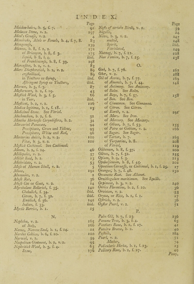 Maiden-hairs, b. 5, f. 7. Malacca Stone, v. 2. Mari s Greafc, v. %. Mandrake, A'lale or Female, b. 4, f. 7, 8. Manganefe, Manna, b. 8, f. 1, 2. of Briançon, b. 8, f. 3. liquid, b 8, f. 4. of Frankincenfe, b. 8, f. 39. Marcafites, b. 2, v. 2. Mars Diaphoretick, b. 2, v. 2. cryjlallized, in Tmdture or Syrup, AJlringent Syrup or Tinfture, Marum, b. 5, f. 3. MaJlerVJort, b. 2, f. 19. Majlick Wood, b. 3, f. 5. in Tftjr, Majlicot, b. 2, V. 2. Medic a légitima, b. 1, f. 18. Medicinal Stone. See Vitriol. Mechoachan, b. 2, f. 6. Mentha Horienjis Corymbifera, b. 2. Mercurial Panacaa, Precipitate, Green and Yellow, Precipitate, White and P/W, Mercurius dulcis, b. 2, v. 2. b. 3, v. 2. Mejlick Cochineal. See Cochineal. Meum, b. 2, f. 24. Millepedes, v. 2. Millet Seed, b. 1. Mithridate, v. 2. Mofs of Human Skull, v. 2. Mummies, v. 2. Mvjk Rat, Mujk Cat or Goat, v. 2. Myrobalans Bellerick, f. 35. Chebulick, f. 34. Citron, b. 7, f. 32. E mb lick, f. 36. , Indian, f. 33. Myrtle Berries, b. 1. N. ’ Naphtha, v, 2. of /to/y, Navus, Navow Seed, b. I, f. 14. Nardus Celtica, b. 6, f. 10. Narwal, v. 2. Neapolitan Ointment, b. 2, v. 2. Nepbritick Wood, b. 3, f. 4. Stene, / 0/ certain Birds, v. 2. ■ Page 39 Nigella, 24 Nitre, b. 3, v. 2. 147 multed, J48 Spirit, ibid. Vitriolated, 149 Nutmeg, b. 7, f. 12.. 128 Nux Vomica, b. 7, f. 25. 138 O. Cta/f, b. 7, f. 76. 167 07z?r, v. 2. 188 0/7 of Acorns, b. 7, f. 77. 169 of Almonds, b. 7, f. 44. 148 of Antimony. See Antimony. of Balm. See Balm. of Bays, b. 7, f. 57. 158 of Ben. See Ben. of Cinnamon. See Cinnamon. of Citron. See Citron. of Earth, v. 2. IQ I of Mars. See Iron. of Mercury. See Mercury. of Olives, b. 7, f. 53. 155 of Pet re or Gabian, v. 2. 166 of Sugar. See Sugar. of Tartar, b. 7. 162 of Turpentine, b. 8. 208 of Vitriol, H9 OUbanum, b. 8, f. 37. 200 Olives, b. 7, f. 52. 155 Opium, b. 9, f. 3. 213 Opobalfamum, b. 8, f. 45. 202 Opontium Carnajfe, or Cochineal, b. 1, f. 25- 17 Orangesb. 7, f. 48. 15° Orcanette Root. See Alkanet. Orniihogalum maritimum. See Squills. Orpiment, b. 3, v. 2. 140 Orrice Florentine, b. 2, f. 10. 36 Orviétan, v. 2. •53 Oryza, or b. 1, f. 1. J7 Ojlrich, v. 2. 36 Oyjler Pearl, v. 2. 71 P. P/?7vz 0/7, b‘. 7, f. 23. 136 Panume Tree, b. 3, f. 4. 65 Panthers Bane, b. 2, f. 17. 41 Partira Brava, b. 2. 40 Pajiuls, 184 Pearl, v. 2. 7i Mother, 74 Pedicular is Herba, b. 1, f. 23. *5 Pellitory Root, b. 2, f. 27. _ 49 Peony, Page 91 I97 4 83 139 172 75 ibid. 198 83 89 89 ibid. ibid. 87 43 66 ibid. 126 32 34 94 95 96 100 101 46 57 13 53 5 192 2 36 14 140 ibid. ibid. 141 ibid. 15 165 ï66 x I 120 59 95 63 376