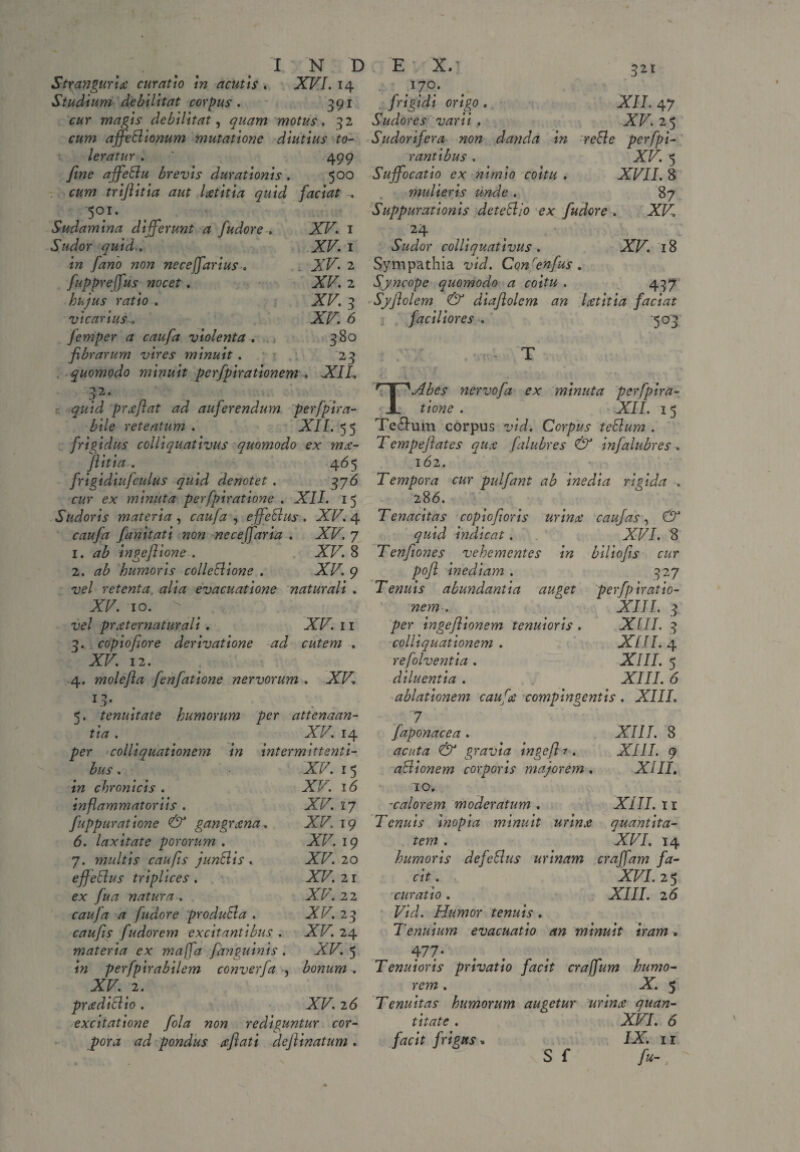 Strangurix curatio in acutis . XV.I. 14 Studium debilitat corpus. 391 cur magis debilitat, quam motus. 32 cum afleSionum mutatione diutius to¬ leratur . 499 fine affetlu brevis durationis . 500 cum triflitia aut Utitia quid faciat . 501. Sudamina differunt a fudore . XV. 1 Sudor quid.. XV. 1 in fano non neceffarius„ XV. 2 fuppreffus nocet. XV. 2 hujus ratio . XV. 3 vicariusu. AT7. 6 femper a caufa violenta . 380 fibrarum vires minuit . 23 . quomodo minuit pcrfpirationem . XIL r. prxftat ad auferendum perfpira- bile retentum . XII. 55 frigidus colliquativus quomodo ex mx- fiitia.... 465 frigidiujculus quid denotet. 376 cwr minuta perfpiratione . XII. 15 Sudoris materia , , effetius . XV. 4 caufa fanitati non neceffaria . XV, 7 1. ingefiione , XV. 8 2. humoris colletlione . XV. 9 vel retenta alia evacuatione naturali . AT. 10. vel pr xt ematur ali. XV. 11 3. copiofiore derivatione ad cutem . XV. 12. 4. molefia fenfatione nervorum . XV* !.?• 5. tenuitate humorum per attenaan- tia. > # . XF. 14 per colliquationem in intermittenti¬ bus . XV. 15 in chronicis . XV. 16 inflammatoriis . XV. IJ fuppuratione & gangrxna. XV. 19 6. laxitate pororum . XV. 19 7. multis caufis juntlis . XV. 20 effetius triplices. XV. 21 ex fua natura . XV. 22 caufa a fudore produtla . XV. 23 caufis fudorem excitantibus . XV. 24 materia ex maffa fanguinis . XV. 5 in perfpirabilem converfa , bonum , XV. 2. pr a diti io . XV. 2 6 excitatione fola non rediguntur cor¬ pora ad pondus inflati deftinatum . 170. . frigidi origo . XIL 47 Sudores varii . XV. 25 Sudorifera non danda in retle pcrfpi- 'rantibus . XV. 5 Suffocatio ex nimio coitu . XVII. 8 mulieris unde . 87 Suppurationis detetlio ex fudore . XV 24 Sudor colliquativus . XV. 18 Sympathia vid. Conrenfus . Syncope quomodo a coitu . 437 Syfiolem & diaflolem an Utitia faciat faciliores . 503 TAbes nervofa ex minuta perfpira¬ tione . XII. 15 Te&um corpus vid. Corpus tetlum . Tempeftates qux falubres & infalubres . 162. Tempora cur pulfant ab inedia rigida . 28 6. Tenacitas copiofloris urina caujas, & quid indicat. XVI. 8 Tenflones vehementes in biliofis cur pofl inediam . 327 Tenuis abundantia auget perfpiratio- nem . XIII. 3 per ingeflionem tenuioris . XHI. 3 colliquationem . XIII. 4 refolventia . XIII. 5 diluentia . XIII. 6 ablationem caufee compingentis. XIII. 7 faponacea. XIII. 8 acuta & gravia ingeft-r. XIII. 9 atlionem corporis majorem . XIII. 10. -calorem moderatum . XIII. 1 e Tenuis inopia minuit urinx quantita¬ tem . XVI. 14 humoris de fetius urinam cratfam fa¬ cit. XVI. 2 5 curatio . XIII. 26 Vid. Humor tenuis . Tenuium evacuatio an minuit iram. 477- Tenuioris privatio facit craffum humo¬ rem . X. 5 Tenuitas humorum augetur urinx quan¬ titate . XVI. 6 facit frigus* IX. 11 S f fu-