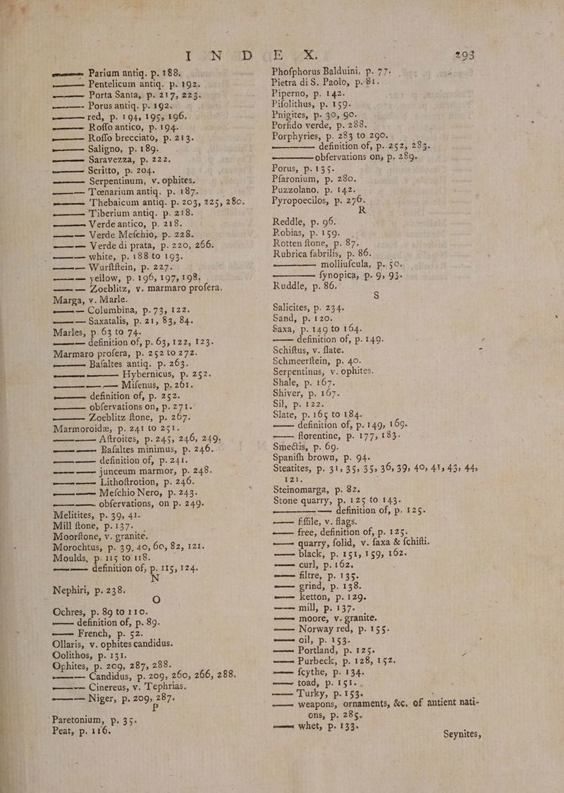 | de eal l exawene: Parium antiq. p. 188. —-——— Pentelicum antiq. p. 192. ——— Porta Santa, p. 217, 223. ee red, p. 194, 1955190, Roffo brecciato, p. 213. wea Saravezza, p. 222. ———- Serpentinum, v. ophites. ——— Toenarium antiq. p. 187. Thebaicum antiq. p. 203, 225, 280. —— Tiberium antiqg. p. 218. Verde antico, p. 218. ——— Verde Mefchio, p. 228. | ——— Verde di prata, p. 220, 266. —— Wuritfein, p. 227. —— yellow, p. 196, 197, 198, ——— Zoeblitz, vy. marmaro profera. Marga, v. Marle. -——-— Columbina, p. 73, 122. ——— Saxatalis, p. 21, 83, 84. Marles, p. 63 to 74. ——-— definition of, p. 63,122, 123. Marmaro profera, p. 252 to 272. ——— Bafaltes antiq. p. 263. Hybernicus, p. 252. ——— —— — Mifenus, p. 261. ——— definition of, p. 252. ————. obfervations on, p. 271.’ Zoeblitz ftone, p. 267. Marmoroide, p. 241 to 251. Aftroites, p. 245, 246, 249, ———— Bafaltes minimus, p. 246. ———— definition of, p. 241. -——— —— junceum marmor, p. 248. ———— Lithoftrotion, p. 246. -———— Mefchio Nero, p. 243. ———— obfervations, on p. 249. Melitites, p. 39, 41. Mill ftone, p. 137. Moorftone, v. granite. Morochtus, p. 39, 40, 60, 82, 121. Moulds, p. 115 to 118. ——-—— definition of, p. 115, 124. N {ve See nee Nephiri, p. 238. Ochres, p. 89 to 110. —— definition of, p. 89. -—— French, p. 52. Ollaris, v. ophites candidus. Oolithos, p. 131. Ophites, p. 209, 287, 288. -——-—- Candidus, p. 209, 260, 266, 288. —— Cinereus, v. Tephrias. -—— Niger, p. ans Paretonium, p. 35> Peat, p. 116. Phofphorus Balduini, p. 77. _ : Pietra diS. Paolo, p. 81. Piperno, p. 142. Pnigites, p. 30, go. Porphyries, p. 283 to 290. definition of, p. 252, 283. obfervations on, p, 289. Pfaronium, p. 280. Puzzolano, p. 142. Pyropoecilos, p. 276. R Reddle, p. 96. Robias, p. 159. Rotten ftone, p. 87. Rubrica fabrilis, p. 86. molliufcula, p. 50. fynopica, p. 9, 93. Ruddle, Bs ha S Salicites, p. 234. Sand, p. 120. Saxa, p. 149 to 164. definition of, p. 149. Schiftus, v. flate. Schmeerftein, p. 40. Serpentinus, v. ophites. Shale, p. 167. Shiver, p. 167. Sil, p. 122. Slate, p. 165 to 184. —— definition of, p.149, 169- —— florentine, p. 177, 183: Smectis, p. 69. Spanifh brown, p. 94. Steatites, p. 31535, 352 3539s 4 41s 43> 44s t21; Steinomarga, p. 82. Stone quarry, p. 125 to 143. —— definition of, p. 125. —— fiffile, v. flags. —— free, definition of, p. 125. — quarry, folid, v. faxa & fchifti. —— black, p. 151, 159, 162. —— curl, p.162. —— filtre, p. 135. —— grind, p. 138. w—-e ketton, p. 129. —— mill, p. 137. -———~ moore, v. granite. -—— Norway red, p. 155. —— oil, p. 153. ——— Portland, p. 125. ——— Purbeck, p. 128, 152. ~—— {cythe, p. 134. ——~ toad, p. 151. Turky, p.153. ; ——— weapons, ornaments, &¢, of antient nati- ons, p. 285. omer Whet, Pp. 1335 Seynites,