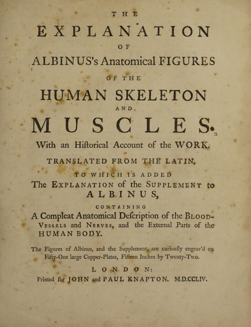THE EXPLANATION O F ALBINUS’s Anatomical FIGURES f ' i* OF THE * HUMAN SKELETON MUSCLES. With an Hiftorical Account of the WORK. TRANSLATED FROM THE LATIN. •' i . TO WHICH.IS ADDED The E XPLANATION of the SUPPLEMENT tO A L B I N U S, CONTAINING \ A Compleat Anatomical Defcription of the Blood- Vessels and Nerves, and the External Parts of the HUMAN BODY. The Figures of Albinus, and the Supplement, are curioufly engrav’d on Fifty-One large Copper-Plates, Fifteen Inches by Twenty-Two. * LONDON: Printed for JOHN and PAUL KNAPTON. M.D.CCLIV. /