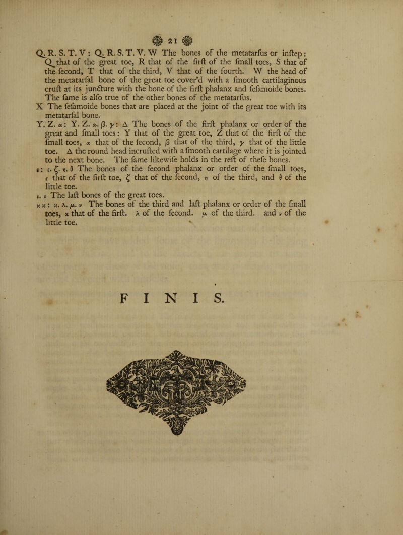 Q.R. S. T. V : Q^R. S. T. V. W The bones of the metatarfus or inftep: Q^that of the great toe, R that of the firft of the fmall toes, S that of the fecond, T that of the third, V that of the fourth. W the head of the metatarfal bone of the great toe cover’d with a fmooth cartilaginous cruft at its jun<5ture with the bone of the firft phalanx and fefamoide bones. The fame is alfo true of the other bones of the metatarfus. X The fefamoide bones that are placed at the joint of the great toe with its metatarfal bone. Y. Z. x: Y. Z. a. (3. y: A The bones of the firft phalanx or order of the great and fmall toes: Y that of the great toe, Z that of the firft of the fmall toes, a that of the fecond, (3 that of the third, y that of the little toe. A the round head incrufted with a fmooth cartilage where it is jointed to the next bone. The fame likewife holds in the reft of thefe bones. t: £. £. n. 9 The bones of the fecond phalanx or order of the fmall toes, e that of the firft toe, £ that of the fecond, * of the third, and 0 of the little toe. i. i The laft bones of the great toes. x x: x. a. y.. v The bones of the third and laft phalanx or order of the fmall toes, x that of the firft. A of the fecond. y. of the third, and v of the little toe. ' FINIS