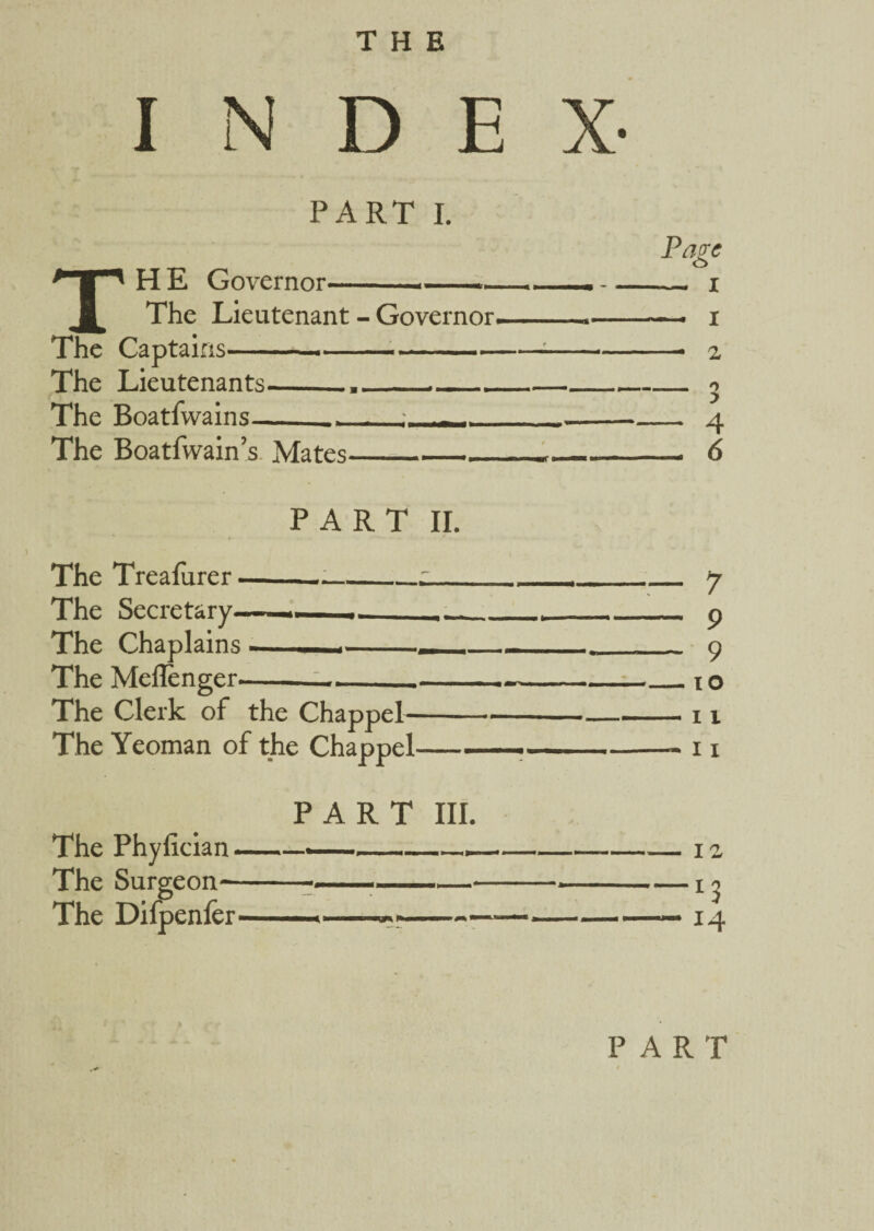 THE E X- I N D PART I. H E Governor- T* ■ The Lieutenant - Governor. The Captains-.-.- The Lieutenants_..____ The Boatfwains—_- - ; -_ The Boatfwain’s Mates- Page — i —- i —• 2 PART II. The Treafurer - The Secretary. The Chaplains The Meflenger The Clerk of the Chappel- The Phylician. The Surgeon^ The Difpenler ■qp* 1+* 11 12, 13 14 PART ca T}“VO iN Os Os O