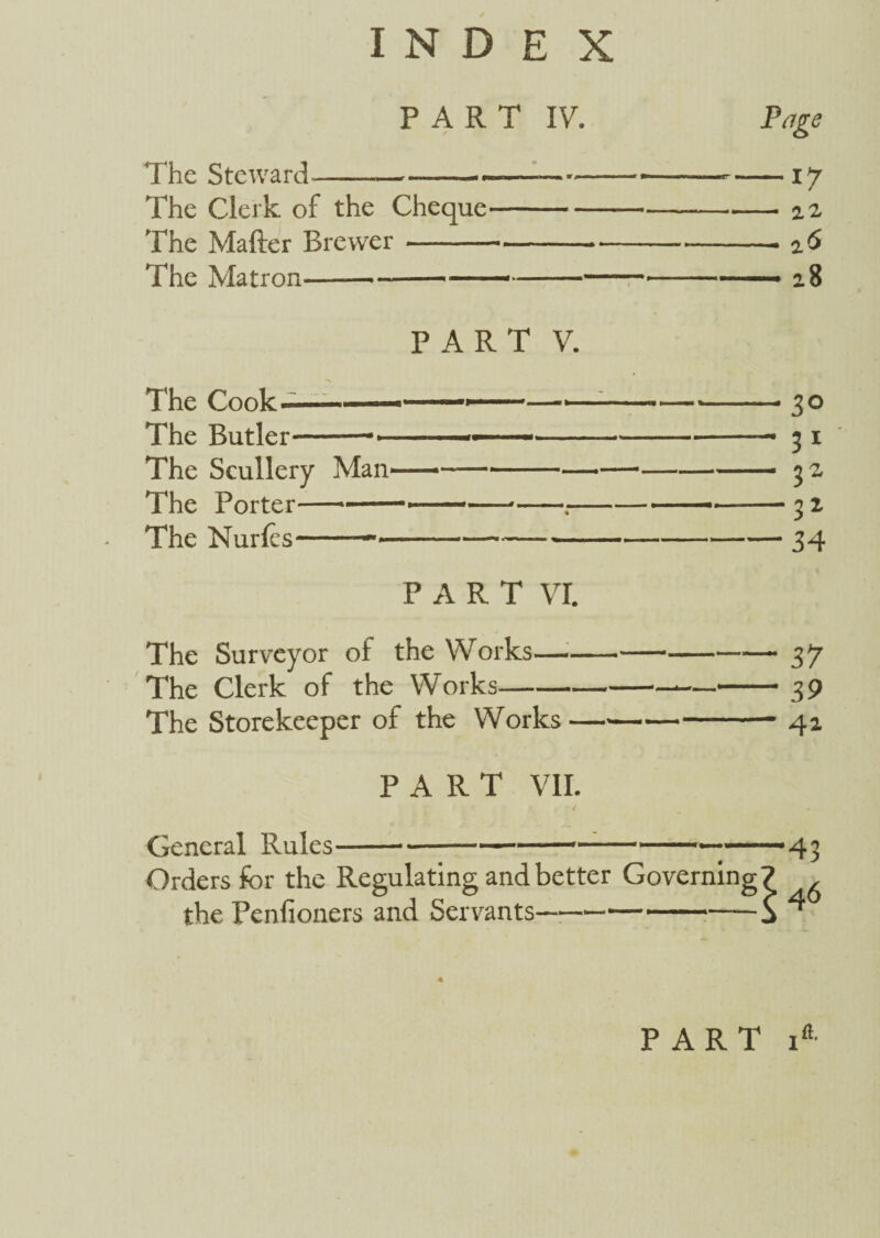 The The The The The The The The The The The INDEX PART IV. Page Clerk of the Cheque- 2.2, Matter Brewer- a<5 Matron-—-——— 28 PART V. Cook --- Hurler-■- Scullery Man Porter- Nurfes- PART VI. Surveyor of the Works— -37 Clerk of the Works-*—-39 Storekeeper of the Works-42 PART VII. General Rules---——-—— Orders for the Regulating and better Governing the Penlioners and Servants—--- 43 46 PART ift