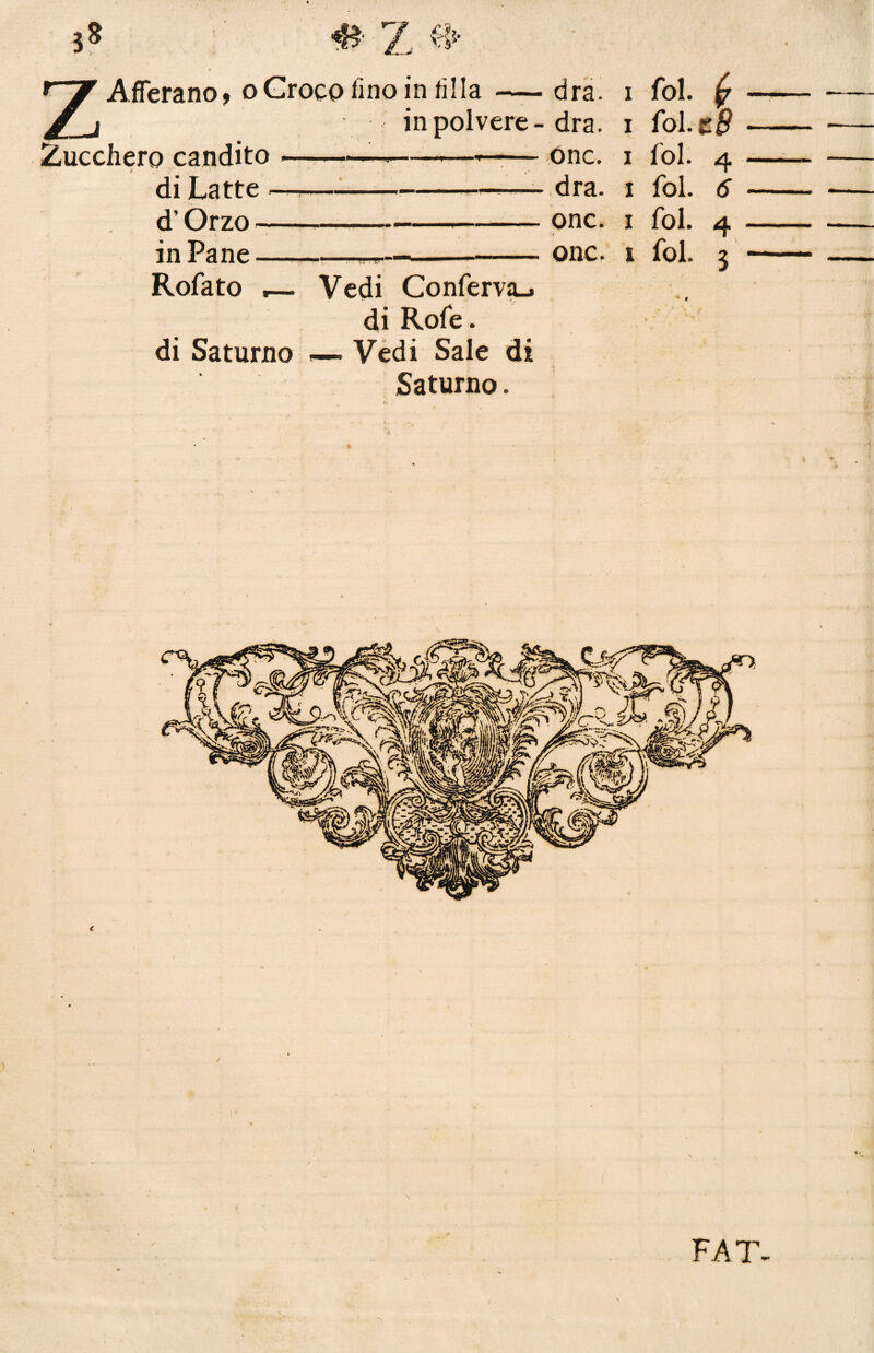 Zucchero candito —--—---—--ónc. i fol. 4 di Latte ---—— dra. 1 fol. 6 d’Orzo-——--- onc. 1 fol. 4 in Pane----onc. 1 fol. 3 Rofato ,— Vedi Conferva^ di Rofe. di Saturno 1—» Vedi Sale di Saturno. ✓ FAT