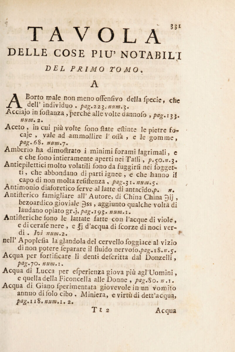 DELLE COSE PIU’ NOTABILI DEL PRIMO TOMO. A ABorto male non meiio ofFenfiv^o della fpejcic* rtir individuo. po^g^22i,num,'^. -Acciajo in Ibftanza , perche alie volte dannofo , pag-^ i ? ?. num. 2. r <5 Aceto , in cui piu volte fono ftate eflinte le pietre fo- caje y vale ad ainniollire V oflk ^ e le ^oniinej Amberio ha dimoftrato i inininii forami lagriinali y c e che Ibno intieramente aperti nei Tadi , p.so.n.^. Antiepilettici molto volatili iono da fuggirfi nei Ibgget^ ti, che abbondano di parti ignee , e clie hanno il capo di non rnoltarefiftenza , pag.^i, Antimonio diaforetico lerve al latte di antacido,/^. Antifterico famigliare all’Autore, di China China 9ij , bezoardico gioviale 9ss , aggiunto qualche volta di laudano opiato gr.j, p^ig* 195. num.i• Antifteriche lono le lattate fatte-con Tacque di viole , e di cerale nere ? e d’acqua di icorze di noci ver- di ^ Ivl TJum.2*' ^ nell Apoplefia Ia glandola dei cervello foggiace al vizio dinon poterc feparare il fluido nervolo,/?^^,i8.^.5. Aequa per fortificare Ii denti deferitta dal Donzelli, p^g^io. num,\^ Aequa di Lucca per efperienza giova piu agTUomini, e quelladellaFiconcclIa alleDonne, pag.^o. 71.1. Aequa di Giano fperinienTata giovevole in nn vomito annuo di folo cibo . Miniera, e virtu di dett’acqua, T t 2 Aequa
