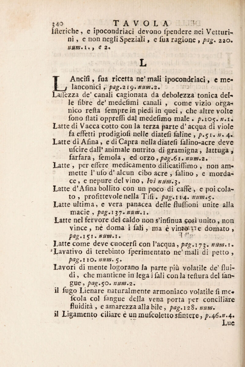Ifterichc, e ipocondriaci devono Ipenciere nei Vetturi- ni, e non negli Spcziaji, e fua ragione , pag. 220. L o LAncifi , fua rlcetta ne’ mali ipocondriaci, c mc- lanconici/>»^.219. rj’ LajFezza de’ canali cagionata da dcbolezza tonica deN le fibre de’ medelimi canali , come vizio orga¬ nico refta fempre in piedi in quei, che alti'e volte fono llati oppreffi dal medefimo male . /'.105, «.i. Latte di Vacca cotto con la terza parte d’ aequa di viole fa efFetti prodigioli nelle diateli faline , p.$i. ». 4.. Latte di Afina, e di Capra nelladiatcfi falino-acre deve ufeire dall’ animale nutrito di gramigna, lattuga , farfara, femola , cdotz<i,pag,6i.num,z, ; Latte , per effere medicamento dilicatiffimo , noii am« mette I’ ufo d’ alcun cibo acre falino , e morda¬ ce, e nepure dei vino, Ivi nam.i. Latte d’Afina bollito con un poco di cafie , e poi cola¬ to , profittevolenella Tifi.1J4. »»«».5. Latte ultima, e vera panacea delle flulTioni unite alia macie , pag.ii-j. nam.i, Latte nel fervore dei caldo non s’infinua cosi unito, non vince, ne doma i fali, ma e vin«4)Eiie domato , pag.i 51. nam. 1. 1 Latte come deve cuocerfi con racqua,/>(?j^.i73. ^Lavativo di terebinto fperimentato ne’mali di petto , pag.i IO. num. 5. Lavori di mente logorano la parte piu volatile de’ flui¬ di , che mantiene in lega i fali con la teftura dei fan- gue, pag.^o. num.z. il fugo Lienare naturalmente armoniaco volatife fi me* fcola coi fangue della vena porta per conciliare fluidita, eamarezzaallabile, pag.i2S. num. il Ligamento ciliare e unmufcolettosfintere,/’.46.».4. Luc