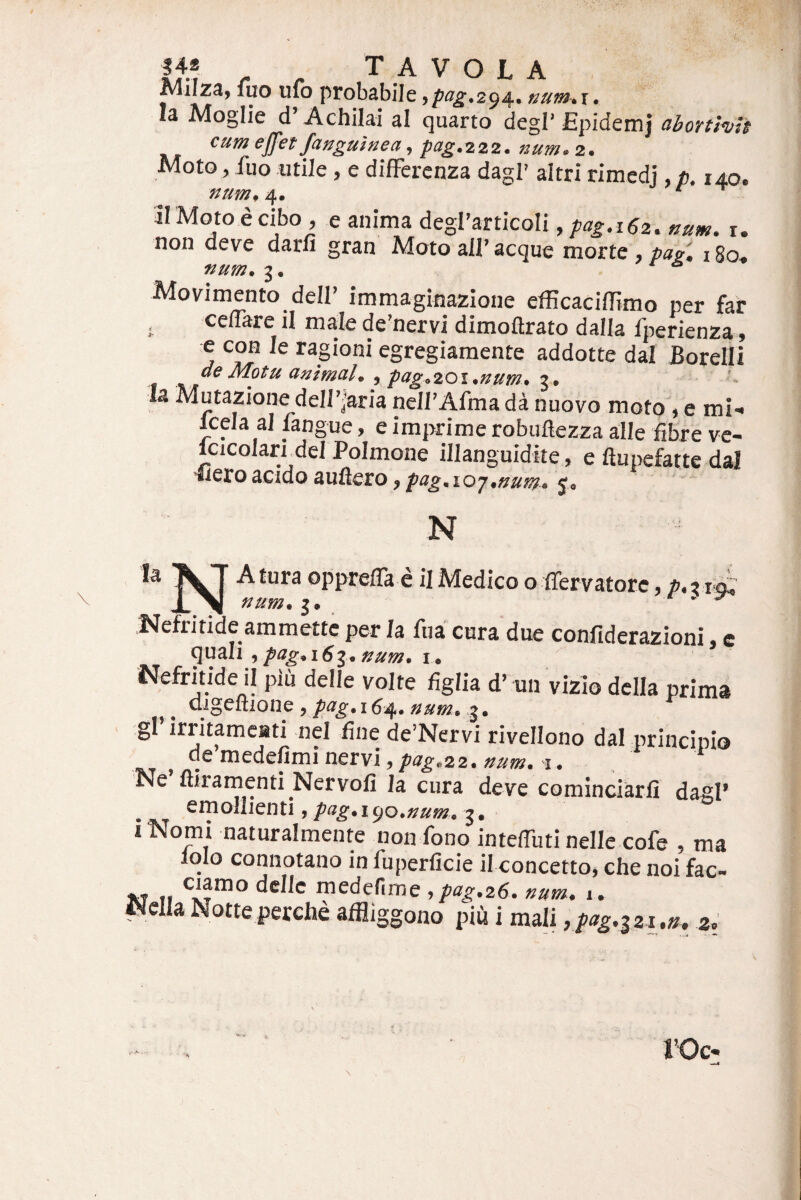 Mliza, fijo ufb probabile)pag.2^^, nutn, r. Ia Moglle d’AchiIai al quarto degi’JEpidemj abottnlt cum effet fanguinea, pag.222. num.z. Moto, fiio utile, e difFerenza dagl’ altri rimedj, p. 140. «um, 4. / T il Moto e cibo , e anima degrarticoli, pag.162. num. i. non deve darfi gran Moto ali’ aeque morte , paz. 180, fium. 3. Movimento deir immaginazione efficacilTimo per far , ceflare il male de’nervi dimoftrato dalla fperienza, e con le ragioni egregiamente addotte dal Borelli de Motu aaimal, f pag.zoi.num» i, Ia Mutazione dell’|3ria nell’Afma da nuovo moto', e mN Icela al fangue, e imprime robuftezza alie fibre ve- Icicolarrdel Polmone illanguidite, e ftupefatte dal ■Iteroacidoaufteroj/iaj^.io/,»»»!?. j, N A tura oppreflfa e il Medico o ffervatore, /'.31^ Nefritide ammette per Ia fua cura due confiderazioni, e ... 9»all num, I * Nefrhide il piu delle volte figlia d’ un vizio dclla prima cligeiiione , p/tg* 164. g. gl’ irritameati nel fine de’Nervi rivellono dal principio de medefimi nervi, pag.zz. num. i. Ne ftiramenti Nervofi Ia cura deve cominciarfi dagl’ ^ stnolhenu , pag,1^0.uum. j, i Nomi naturalmente non fono inteffuti nelle cofe , ma lolo connotano in fuperficie il concetto, che noi fac- XT II medefime , pag.26. num, 1. Nclla Notte perche affliggono piu i mali ,pag.i2i.n, z.