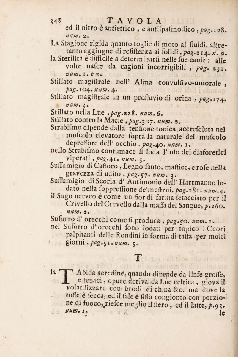 ed il nitro e antiettico , e aiuirpafinodico ,pag.i2S. num* 2. La Stagione rigida quanto toglie di moto ai fluidi, aJtre- tanto aggiugne di refiftenza ai folidi, /><7^.214. n. 2. la Sterilita e difficile a deterrainarli nelle fuc caufe ; allc volte nafce da cagioni incorrigibili , pag^ 231. num. i. e 2* Stillato magiftrale nell’ Afma convulfivo-umorale , pag.io/[. num* Stillato magiftrale in un profluvio di orina num* g. Stillato nella Lue ,pag.zzS. num. 6. Stillato contro la A4acie , /^^^•307* nutn» 2» Strabifmo dipende dalla tenfione tonica .accrefciuta nel mufcolo elevatore fopra Ia naturale dei mufcolo depreflore deir occhio , pag.j^o» num. i. nello Strabilino contumace fi Ioda V ulo dei diaforetici viperati jpag,/^i^ nurn^ 5, Suffumigio di Caftoro , Legno fanto, maftlce, e rofe nella gravezza di udito 'f p^g*^j* num* g. Suffumigio di Scoria d' Antimonio deir Hartmanno lo- dato nella foppreffione de’meftrui,/^^^^.i8i. num*Ar* il Sugo nerveo e come un fior di farina fetacciato per il Crivello dei Cervello dalla maffa dei Sangue, p.260* num* 2* Sufurro d orecchi come fi produca , p^g*^o* num* i* nel Sufurro d^^orecchi fono lodati per topico i Cuori palpitanti delle Rondini in forma di talia per molti giorni 51 • 5* T }a Abida acredine,quando dipende da linfe groffe, JL c tenaci, opure deriva daLiie celtica , giovaii volatilizzare coti- brodi di china &c* ma dove la toffe e fecca, ed il fale e fiflb congionto con porzio- ne di fuoco.^riefce meglio il fiero, ed il lattc, j&.og, ^ Ic