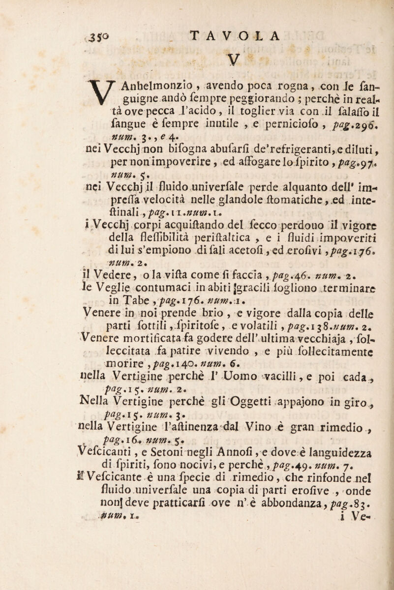 V AnheltnonzIo , avendo poca rogna, xon le fan- guigne.ando fempre peggiorando ; perche inrealn ta ove pecca racido , il toglier.via con ,il falalTo il fangue e fempre inntile , e perniciofo , pag.2^6* num. 3., ^ 4- uei Vecchj non bifogna abufarfi de’refrigeranti,.e diluti, per noninipoverire, .ed afFogarelo lpirito num. 5. nci Vecchj jl fluido.univerfale perde alquanto dellVim-* prcffa velocita nelle glandole fl:omatiche , .ed Jntc- ftinali, xi.num. i Vecchj corpi acguiftando dcl fecco perdouo il vigore della fleffibilita periftaltica y e i fluidi impoveriti .di Iui s’empiono difali acetofi , ed erofivi ipag.i j6^ num.2. il Vedere, o la vifta come fi faccia ,2. le Veglie contumaci Jn abiti Jgracili logliono .terminare in Tabe ype^g* ij6* num.:i • Venere in noi prende brio , e vigore dalla copia delle parti fottili ,.fpiritofe , e volatili ypag.ii^.num^ 2* ' Venere mortificatafa godere delPmltima vecchiaja , fol- leccitata fa patire :vivendo , e piu follecitamente mofire nella Vertigine perche J' Uomo ^vacilli, e poi cada.^ pag^i ^^ num. 2* Nella Vertigine perche gli Oggetti appajono in giro, IJ. num. 3. nella Vertigine raftinenza dal Vino e gran rimedio ., Vefcicanti, e Setoni negli Annofi 5 e dove^e languidezza di fpiriti, fono nocivijC perchc.,ptf^.49» j. M Vefcicante e una fpecie di rimedio, che rinfonde.nei fluido.univerfale una copia di parti erofive , onde non! deve pratticarfi ove n’ e abbondanza , te i Ve-