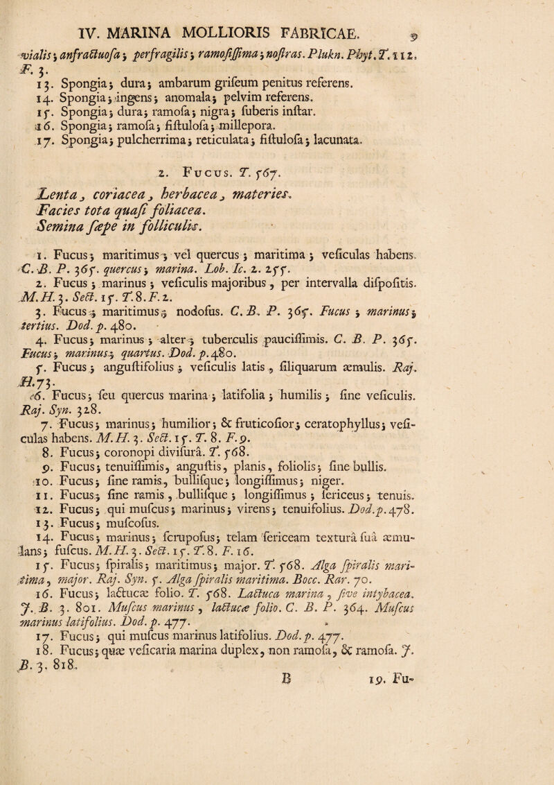 malis ; anfraffuofa ; per fragilis ; ramoftffima ; noftras. Plukn. P%/. ST. 112, i7. 13. Spongia; dura; ambarum grifeum penitus referens. 14. Spongia; ingens; anomala; pelvim referens» 15*. Spongiaj dura; ramofa; nigra5 fuberis inftar. ii 6. Spongia ; ramofa ; fiftulofa ; millepora. 17. Spongia; pulcherrima; reticulata j fillulofa ; lacunata. 2. Fucus. T. 767. jLenta., coriacea > herbacea ^ materies. Facies tota quaji foliacea. Semina fefe in folliculis. \ “ - * . 1. Fucus 5 maritimus * vel quercus; maritima4 veficulas habens» G. B. P. 367. quercus'y marina. Lob. Ic.z. zff. I. Fucus * marinus * veficulis majoribus, per intervalla difpofitis. AP iP 3. iSV#. i y. F.S.F.z. 3. Fucus 3 maritimus 3 nodofus. C. B. P. 3 <5f. j marinus $ tertius. Dod. p. 480. 4. Fucus j marinus 5 alter 3 tuberculis paucifiimis. C. B. P. 367. Fucus :y marinus4 quartus. Dod. p. 480. 7. Fucus 3 anguftifolius 3 veficulis latis , filiquarum aemulis. P^jr. ^73- r<5. Fucus; feu quercus marina; latifolia 3 humilis 3 fine veficulis. Raj. Syn. 328. 7. Fucus3 marinus5 humilior; & fruticofior3 ceratophyllus; vefi- ciilas habens. M.H. 3. Sett. 17. P. 8. P.p. 8. Fucus; coronopi divifura. P. 768. p. Fucus; tenuiflimis, angufliis, planis, foliolis; fine bullis. 10. Fucus; fine ramis, bullifque; longiflimus; niger. II. Fucus 3 fine ramis , bullifque ; longiflimus; fericeus; tenuis. iz. Fucus; qui mufcus; marinus; virens; tenuifolius. Dod.p.478. 13. Fucus; mufcofus. 14. Fucus; marinus; fcrupofus; telam fericeam texturafua xmu~ lans; fufcus. M.H. 3. Sett. 1 7. P.8. F. 16. if. Fucus; fpiralis; maritimus; major. P. f 68. Alga fpiralis mari- Sima, major. Raj. Syn. f. Alga fpiralis maritima. Bocc. Rar. 70. 16. Fucus; laftucas folio. T. 768. LaCluca marina, five iniybacea. 5^. B. .3. 801. Mufcus marinus , la£luc<e folio. C. B. P. 3^4. Mufcus marinus latifolius. Dod. p. 477. 17. Fucus; qui mufcus marinus latifolius. Dod.p. 477. 18. Fucus; quas veficaria marina duplex, non ramofa, & ramofa. 7. P. 3, 818.