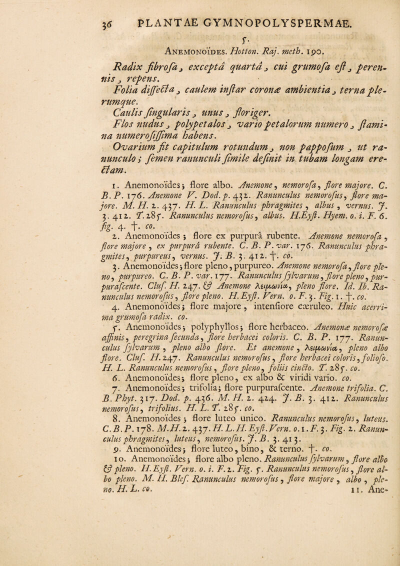 r X f* Anemonoides. Hotton. Raj. meth. 190. Radix fibrofaj excepta quarta > cui grumofa efl ^ peren- nis j, repens. Folia diffelfa^ caulem injiar corona ambientia ^ terna ple¬ rumque. Caulis fingularis unus > floriger. Flos nudus j polypetalos vario petalorum numero j> flami¬ na numerofljflma habens. Ovarium fit capitulum rotundum ^ non pappofum ^ ut ra¬ nunculo ; femen ranunculi fimile definit in tubam longam ere- 61am. 1. Anemonoides ; flore albo. Anemone, nemorofa , flore majore. C. B. P. 176. Anemone V'. Dod.p. 432. Ranunculus nemorofus, flore ma¬ jore. M. H. 2. 437. H. L. Ranunculus phragmites , albus , vernus. J. 3. 412. 7. 287. Ranunculus nemorofus, H.Eyft. Hyem. 0. i. F. 6. fiZ‘ 4* t* 2. AnemonoTdes ; flore ex purpura rubente. Anemone nemorofa , flore majore , ex purpura rubente. C. B. P. var. 176. Ranunculus phra¬ gmites , purpureus, vernus. j.b. 3.412.. i~- co. 3. Anemonoides Jflore pleno,purpureo. Anemone nemorofa, flore ple¬ no , purpureo. C. B. P. var. 177. Ranunculus fylvarum y flore pleno ^ pur- purafcente. Cluf H. 247. £5? Anemone fatf&avia, />/0/20 flore. Id. Ib. Ra¬ nunculus nemorofus, flore pleno. H.Eyft. Vern. 0. F.j. Fig. 1. *j\ co. 4. Anemonoides; flore majore, intenfiore cceruleo. TfcV acerri¬ ma grumofa radix, co. f. Anemonoides 5 polyphyllos; flore herbaceo. Anemonre nemorofa affinis, peregrina fecunda, flore herbacei coloris. C. B. P. 177. Ranun¬ culus fylvarum , />/0/20 <2/^0 flore. Et anemone , teipuvta, />/0/20 ^/£0 flore. Cluf. H. 247. Ranunculus nemorofus, flore herbacei coloris, foliofo, H. L. Ranunculus nemorofus, flore pleno y foliis cinclo. T. 18 f. co. 6. Anemonoides; flore pleno, ex albo 8c viridi vario. 00. 7. Anemonoides; trifolia; flore purpurafcente. Anemone trifolia. C. B. Phyt. 317. Dod. p. 43(5. Af. /7. 2. 424. 5f. i?. 3. 412. Ranunculus nemorofus, trifolius. H. L. F. 28 y. 00. 8. Anemonoides; flore luteo unico. Ranunculus nemorofus, luteus. C. B.P. 178. A/./72. 437.7/. L.//.Eyfl.Vern. o.i.F.$. Fig. 2. Ranun¬ culus phragmites, luteus, nemorofus. J.B. 3. 41 3. p. Anemonoides; flore luteo , bino, 6c terno, i-. 00. 1 o. Anemonoides; flore albo pleno. Ranunculus fylvarum, flore albo & pleno. H.Eyft. Vern. 0. i. F.z. Fig. f. Ranunculus nemorofus, flore al¬ bo pleno. M. H. Blefl Ranunculus nemorofus, flore majore y albo , y>/c-