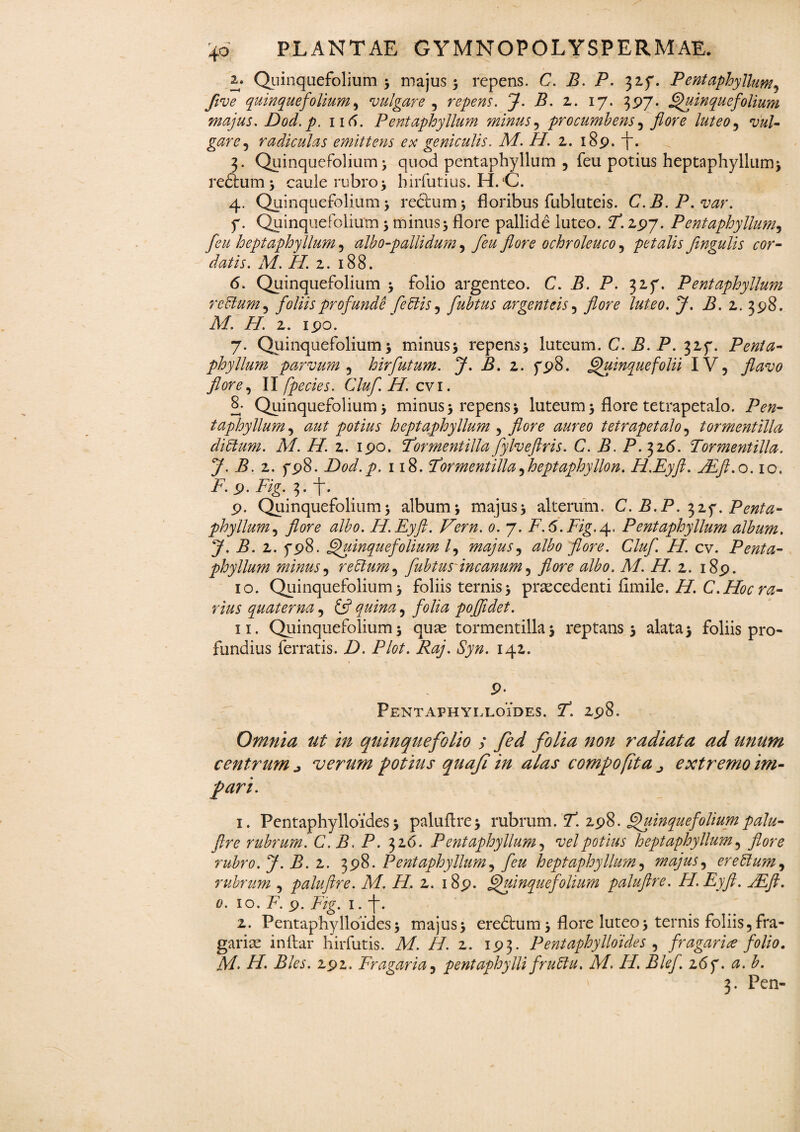 2. Quinquefolium 3 majus 5 repens. C. B. P. 327. Pentaphyllum9 five quinquefolium, vulgare , repens. P- 2* 17* 397* Quinquefolium majus. Dod. p. iid. Pentaphyllum minus, procumbens , luteo ^ radiculas emittens ex geniculis. M. 77. 2. 189. ‘j~. 3. Quinquefolium 3 quod pentaphyllum , feu potius heptnphyllumj redtumj caule rubro 3 hirfutius. H.C. 4. Quinquefolium 5 reclum^ floribus fubluteis. C.B.P.var. y. Quinquefolium 3 minus3 flore pallide luteo. 7*. 297. Pentaphyllum, heptaphyllum, albo-pallidum, feu flore ochroleuco , petalis flngulis cor¬ datis. M. 77. z. 188. 6. Quinquefolium 3 folio argenteo. C. 72. P. 327. Pentaphyllum rc&um , foliis profunde fetetis, fubtus argenteis , flore luteo. J. B. 2. 398. A/. /7. 2. 190. 7. Quinquefolium 3 minus3 repens3 luteum. C. P. P. 327. Penta¬ phyllum parvum , hirfutum. J. 72. 2. 798. Quinquefolii IV, flavo flore, II fpecies. Clufl. H. cvi. 8* Quinquefolium 3 minus 3 repens 3 luteum 3 flore tetrapetalo. P?«- taphyllum, 00 f potius heptaphyllum , flore aureo tetrapetalo, tormentilla ditium. A/. 77. 2. 190. tormentilla fylveflris. C. B. P. 326. Tormentilla. J. B. z. 798. Dod.p. 118. Tormentilla fieptaphyllon. H.Eyft. JEft.o. 10. i7, i». iTg. 5. f. 9. Quinquefolium3 album3 majus3 alterum. C.B.P. ^zq. Penta¬ phyllum ^ flore albo. H.Eyft. Vern. 0. 7. F.6.Fig.4. Pentaphyllum album. y. P. 2. 798. Quinquefolium /, majus ^ albo flore. Clufl. 77. cv. Penta¬ phyllum minus, retium, fubtusrincanum, flore albo. M. H. z. 189. 10. Quinquefolium 3 foliis ternis 3 procedenti fimile. 77. C.Hoc ra¬ rius quaterna, £5? 5 /<?/A poflidet. 11. Quinquefolium 3 quo tormentilla 3 reptans 3 alata3 foliis pro¬ fundius ferratis. Z). P/ctf. TZz/. 142. P- PentafhylloYdes. 298. Omnia ut in quinquefolio ; fed folia non radiata ad unum centrum verum potius qua fi in alas compofita extremo im¬ pari. 1. Pentaphylloides 3 paluflre3 rubrum. 7. 298. Quinquefolium palu- ftre rubrum. C.B. P. 32 6. Pentaphyllum, vel potius heptaphyllum, flore rubro. J. B. 2. 398. Pentaphyllum, _/£« heptaphyllum, majus ^ erettum, rubrum , paluftre. M. 77. 2. 189. Quinquefolium paluftre. 77. Eyfl. JEfl. 0. 10. P. 9. p/g. 1. f. 2. Pentaphylloides3 majus3 eredtum 3 flore luteo3 ternis foliis, fra- gario inilar hirfutis. Af. 77. 2. 193. Pentaphylloides , fragarite folio. M- FI. Bles. 292. Fr agar i a, pentaphylli fruti u. M. 77. Blef. 267. 0. b.
