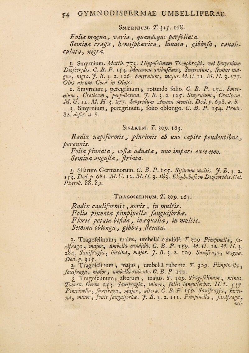 * • ' «s > t f4 GYMNODISPERMAE UMBELLIFERAE. Smyrnium. T. 317. i(58. Folia magna 3 varia quandoque fer foliata. Semina crajja 3 hemijp h re rica 3 lunata , gibbofa , canali- culat a , nigra. £ Smyrnium. Matth. 773. Hippo felinum Theophrafti, vel Smyrnium Diofcoridis. C. B. F. 1 74. Macerem quibufdam $ Smyrnium , femine ma¬ gno , nigro. J. B. 3. 2,. 126. Smyrnium, majus.M.U.11. M. H. 3.177. Cto atrum. Cord. in Diofc. z. Smyrnium j peregrinum $ rotundo folio. C. B. P. 174. Smyr¬ nium , Creticum , per foliatum. J. B. 3. 2. 12f. Smyrnium, Creticum. A/. C/. iz. M. H. 3. Z77. Smyrnium Amani montis. Dod.p. 698. b. 3. Smyrnium j peregrinum $ folio oblongo. C. i?. P. 174. Proclr. §2. 0. b. Sis arum. T. 309. 1(53. Radix napiformis 3 plurimis ab uno capite pendentibus 3 perennis. Folia pinnata cofire adnata 3 uno impari extremo. Semina angufia 3 friata. i; Sifarum Germanorum. C. P. P. 177. Sifarum multis. J. B. 3. z. 1 r2. Dod.p. 681. M.U. iz.M.H. 3. 283. Elapbobofcon Diofcoridis.Coi. Phytob. 88. 89. ^ Tragoselinum. P*. 309. 1(53- Radix cauli formis 3 acris 3 in multis. Folia pinnata pimpinella fanguiforbte. Floris petala bifida 3 inaequalia 3 in multis. Semina oblonga 3 gibba , friata. y. Tragofelinum> majus, umbella candida. T3.309. Pimpinella, /2z- xifraga , major, umbella canclidd. C. B. P. 179. M.U. iz. M. II. 3. 284. Saxi fragia, hircina, major. J. B. 3. z. 109. Saxifraga, magna. Dod.p. 317. 2. Tragofelinum 3 majus 5 umbella rubente. 7. 309. Pimpinella, faxifraga, major, umbella rubente. C. B. P. 179. 3- Tragofelinum 5 alterum 5 majus. P. 309. Pr ago felinum, minus. Tabem. Qerm. 273. Saxi fragia, minor, foliis fanguiforba. H. L. 737. Pimpinella, faxifraga, major, altera. C. B. P. if9- Saxifragi a, hirci¬ na, minor, foliis fanguiforba. J.B. 3. 2. 111. Pimpinella , faxifraga, mi-