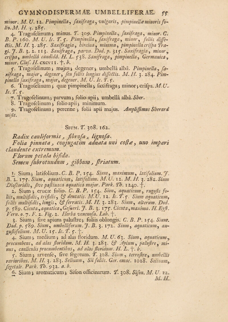 minor. M. U. 12. Pimpinella , faxifraga , vulgaris, pimpnell£ minoris fo¬ lio. M. H. j. 28 f. 4. T ragofelinum y minus. T. 309. Pimpinella, faxi fraga , minor. C. B. P. 160. M. U. Ic. T. y. Pimpinella, faxifraga, minor, foliis difje- 6tis.AI.II. 3. 2.8j\ Saxifragia, hircina, minima, pimpinellacrifpa fra¬ gi. J. B. 3. 2. 11 3. Saxifraga, parva. Dod.p. 315“. Saxifragia, minor,, crifpa, umbella candida. H. L. y 38. Saxifraga, pimpinella, Germanica, minor. Cluf. H. cxcvi 1. j*. b. y. Tragofelinum j majus j degener * umbella alba. Pimpinella y fa¬ xifraga, major, degener, feu foliis longius diffeUis. AI. H. 3. 284. PzTzz- pinella faxifraga, major, degener. M. U. Ic. T. y. 6. T ragofelinum 5 quae pimpinella * faxifraga $ minor 5 crifpa. M.TJ* Is . P. y. 7. T ragofelinum 3 parvum 5 folio apii 3 umbella alba. 8. Tragofelinum $ folio apii 5 minimum. 9. Tragofelinum 3 perenne 5 folii apii majus. Ampli fimus Sherari mi jit. Sium. 7. 308. 162. Radix cauliformis j fibrofaj lignofa. Folia pinnata j conjugatim adnatauni coftre, uno impari claudente extremum. Florum petala bifida. Semen Jubrotundum gibbum friatum. ,, ’ ' ' ' ^ 1 n Sium j latifolium. C. B. P. 174* Sium, maximum, latifolium. 'T. P. 2. ijf. Sium, aquaticum, latifolium. AI. U. 12. AI. H. 3. 282.Sium Diofcoridis, fivepaftinaca aquatica major. Park. Ah. 1240. ~f\ 2. Sium v erucae folio. C.B.P. 174. iS70», aquaticum, rugofis fo~ Ilis, multifidis, trifidis, £5? dentatis. M.U. 12. ir. f, <577^ aquaticum, foliis multifidis, longis, £5? ferratis. M. II. 3. 283. Sium, alterum. Dod. p. f8p. Cicuta,aquatica,Gefieri. J. B. 3. 177. Cicuta,maxima. H.Eyfi. Vern. o. j.F. z. Fig. 2. Herba venenofa. Lob. +. 3 . Sium 3 fve apium paluftre^ foliis oblongis. C. B. P. 174. £77*/zr. Dod.p. f8p. Sium, umbelliferum. J. B. 3. 172. Sium, aquaticum, an- gufiifolium. AI. U. 1 y. Ic. f. y. fi. 4. Sium j. medium v ad alas floridum. Af. U. 63. Sium, aquaticum, procumbens, ad alas floridum. AI. FI. 3. 283. £5? Apium, paluftre, mi¬ nus, cauliculis procumbentibus, ad alas floridum. H. L. fi. b. y. Sium y arvenfe, five fegetum. P. 308. Sium, terreftre, umbellis rarioribus. AI. II. 3. 283. Selinum, Sii foliis. Ger.cmac. 101,8. Setinum,, fgetale. Park. Ph. 932. <2. A 6- Sium 5. aromaticum j; Sifon officinarum. 2. 308. Sifon. AI. U. 1:2.,
