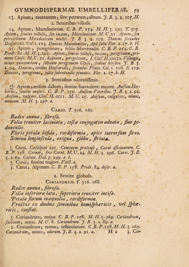 13. Apium j montanum5 five petraeum*album. J. B. 3. 2. 10y.H. z. Seminibus villofis. 14. Apium* Macedonicum. C. B. P. 174. M. H. 3. 293. CP. 307. Apium, femine villofo5 incano, Macedonicum. ,M. U.zi. Apium ^feu petrofelinum Macedonicum multis. J- B. 3. 2. 102. Daucus fecundus Diofcoridis. Coi. 1.103. Daucus Macedonicus 5 Apii folio Flor. 2.17. A /A if. Apium 3 peregrinum 3 foliis fubrotundis. C. B. P. A 5*4. C. i?. Prodr. 81. Af. AT. 3.293. Apium, [emine villofo 5 incano, peregrinum pri¬ mum Clufii. M. U. zi. Selinum9 peregrinum, /. Cluf FI.cxc 1 x. Vifnaga9 quorumdam 5 felinum peregrinum Clufii, femine hirfuto. J. B. 3. 2. .94. Daucus 9 tertius Diofcoridis5 fecundus Plinio. Coi. 1. 108. A. xop, Daucus5 peregrinus5 foliis fubrotundis pinnatis. Flor. z. ij.b.H. 3. Seminibus odoratiffimis. Apium* anifum didhim* femine fuaveolenti majore. AnifumHer¬ bariis , femine majori. C. B. P. 179. Anifum Veteribus. J. B. 3. 2. 92. Anifum, vulgare. Cluf H. ccn. A£ U. 27. Anifum5 vulgatius, minus3 annuum. M. H. 3. 2P7. Carui. !P. 306. 160. Radix annua fibrofa. Folia tenuiter laciniata ^ ^0/?^ conjugatim adnata fine pe¬ dunculis. Floris petala bifida ^ cordiformia apice introrfum flexo. Semina longiufcula j exigua ^ gibba ^ ftriata. i; Carui. Ctefalpini 2pi. Cuminum pratenfe , officinarum. C. B. P. if8. Carum, five Carui. M. U. 24. M. H. 3. 296. Caros. J. B* 3. 2.69. Carum. Dod.p. 299. <3. b. 2. Carui > femine majore. /Az/7/. 3. Carui j Alpinum. C. P. P. ip8. Prodr. 84. defer. a. z. Semine globofo. Coriandrum. P. 31 <5. 168. Radix annua fibrofa. Folia inferiora lata, fuperiora tenuiter incifa. F et ala florum in re qualia cordiformia. FruEtus ex duobus feminibus hemifphcericis ^ vel fpha- ricis ^ confiat. £; Coriandrum5 majus. C. B. P.if8. M. H 3. 269. Coriandrum? fativum, majus. M. U. 8. Coriandrum. J. B. 3. 2. 89. 2. Coriandrum 5 minus5 tefticulatum. C.P. P. ifS.Af. H. 3. 269.