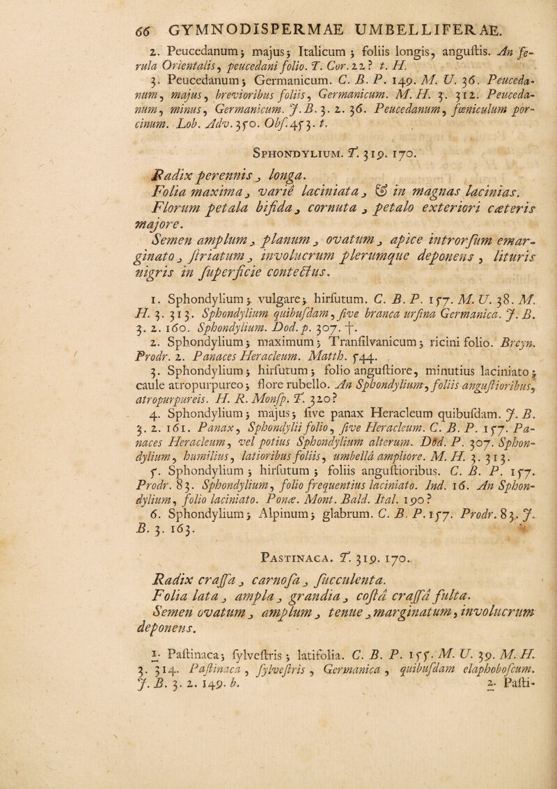 z. Peucedanum; majus; Italicum; foliis longis, anguftis. An fe¬ rula Orientalis, peucedani folio. T. Cor .zz ? t. IL 3. Peucedanum; Germanicum. C. B. P. 149. M. U. 36. Peuceda- num, majus, brevioribus foliis, Germanicum. M. IL 3-. 312. Peuceda¬ num, minus, Germanicum. J.B.3. 2. 36. Peucedanum, fGeniculum por¬ cinum. Lob. Adv. 3fo. 0^4f 3. Sphondylium. T*. 319. 170. Radix perennis ^ longa. Folia maxima j varie laciniata y & in magnas lacinias. Florum petala bifida ^ cornuta j petalo exteriori c reteris majore. Semen amplum ^ planum * ovatum ^ introrfiitm emar« ginato j firiatum involucrum plerumque deponens , lituris nigris in fiuperficie conte Eius. 1. Sphondylium;. vulgare; hirfutum. C. B. P. ifj. M.U. 38. Af. AT. 3. 313 . Sphondylium quibufdam,five branca urfina Germanica. J. B. 3. 2. i<5o. Sphondylium. Dod.p. 307. 2. Sphondylium; maximum; Tranfilvanicum; ricini folio. Breyn. Prodr. 2. Panaces Heracleum. Matth. ^44. 3. Sphondylium; hirfutum; folio anguftiore, minutius laciniato; caule atropurpureo; fore rubello. ^ Sphondylium, foliis anguft i oribus, atropurpureis. H. R.Monfp. P. 320? 4. Sphondylium; majus; five panax Heracleum quibufdam. 7. 3. 2. 161. Panax, Sphondylii folio, five Heracleum. C. B. P. 177. Heracleum, vel potius Sphondylium alterum. Ddd. P. 307. Sphon¬ dylium,. humilius, latioribus foliis, umbella ampliore. M. H. 3.313. y. Sphondylium; hirfutum; foliis anguftioribus. C. .5. P. 177. Prodr. $ fi Sphondylium, folio frequentius laciniato. Ind. i(5. An Sphon¬ dylium, folio laciniato. Pome. Mont. Bald. It ah 1.90? 6. Sphondylium; Alpinum; glabrum. C. B, P. ipy. Prodr. 83.. J„ P. 3. 16 fi '* ^ 1 > *' j Pastinaca. T. 319. 170. Radix crafifa carnofia „ fucculenta. Folia lata ^ ampla > grandia j cofid craffa fulta. Semen ovatum amplum j tenue ^ marginatum, involucrum deponens. A Paftinaca; fylveftris; latifolia. C. B. P. iff. AP. 27. 39. Af.//. 3. 314. Paftinaca, fylveftris , Germanica, quibufdam elaphoboficum. J. B. fi z. 149. 2,. Falli*