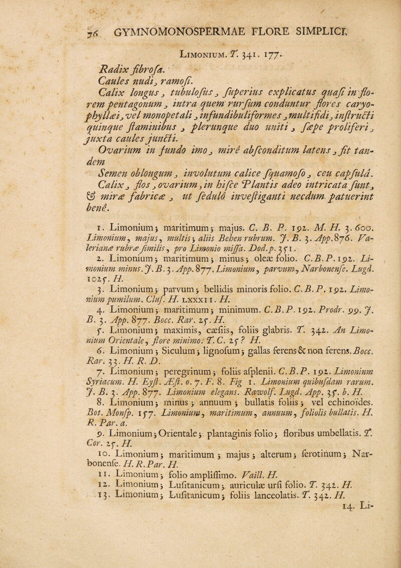 Limonium. T. 341. 177* '/ i ■ Radix fibrofa. Caules nudfl ramofi\ Calix longus j tubulo[iisfuperius explicatus quoji in'flo* rem pent agonum ^ intra quem rurfum conduntur flores caryo- phylltfij vel monopetali ^ infundibuliformes multifidi, inflrutii quinque flaminibus ^ plerunque duo uniti j fape proliferi ^ juxta caules junEii. Ovarium in fundo imo ^ mire abflconditum latens fit tan¬ dem Semen oblongum involutum calice fquamofbj ceu capfula. Calix j flos j ovarium Jin hifce Viantis adeo intricata funt^ & mira fabrica j ut fedulo invefliganti necdum, patuerint bene. * • > - ^ r. Limonium 3 maritimum3 majus. C. B. P. 192. M. H. 3.600. Limonium, majus, multis3 aliis Behen rubrum. J. B. 3. App.%76. Va¬ leriana rubra firnilis, pro Limonio miffa. Dod.p. 3 f 1. 2. Limonium 3 maritimum 3 minus 3 oleas folio. C.B.P. 192. Li¬ monium minus. J.B. 3. App. 877. Limonium, parvumy Narbonenfe. Lugd. 1027. /y. 3 . Limonium 3 parvum 3 bellidis minoris folio. C.jS. P. 192. Limo¬ nium pumilum. Cluf. H. lxxxi i . i/. 4. Limonium3 maritimum3 minimum. C.B.P. 192. Prodr. 99. y. J3. 3. 877. Bocc. Rar. zy. H. f. Limonium3 maximis, casfiis, foliis glabris. 2. 342. Limo¬ nium Orientale, flore minimo. F.C. zf ? H. 6. Limonium 3 Siculum 3 lignofum3 gallas ferens Sc non ferens. Rar\ 33. H. R. D. 7. Limonium3 peregrinum3. foliis afplenii. C.B.P. 192. Limoninm Syriacum. H. Fyfl. Adfl. 0. 7. F. 8. Fig 1. Limonium quibufldam rarum. J.B. 3. App. 877. Limonium elegans. Rawolf. Lugd. App. 3 f. b. H. 8. Limonium 3 minus 3 annuum 3 bullatis foliis 3 vel echinoides. Bot. Monflp. lyy. Limonium, maritimum, annuum 5 foliolis bullatis. H. R. Pnr. a. 9. Limonium3 Orientale 3 plantaginis folio 3 floribus umbellatis. 2*. Cor. zy. H. 10. Limonium 3 maritimum 3 majus 3 alterum3 ferotinum3 Nar¬ bonenfe. H. R. Par. II. 11. Limonium 3 folio ampliflimo. Vaill. H. 12. Limonium 3 Lufltanicum 3, auriculae urfi folio. T. 342. H. 13. Limonium3 Lufitanicum3 foliis lanceolatis. T. 342. H. 14. Li-