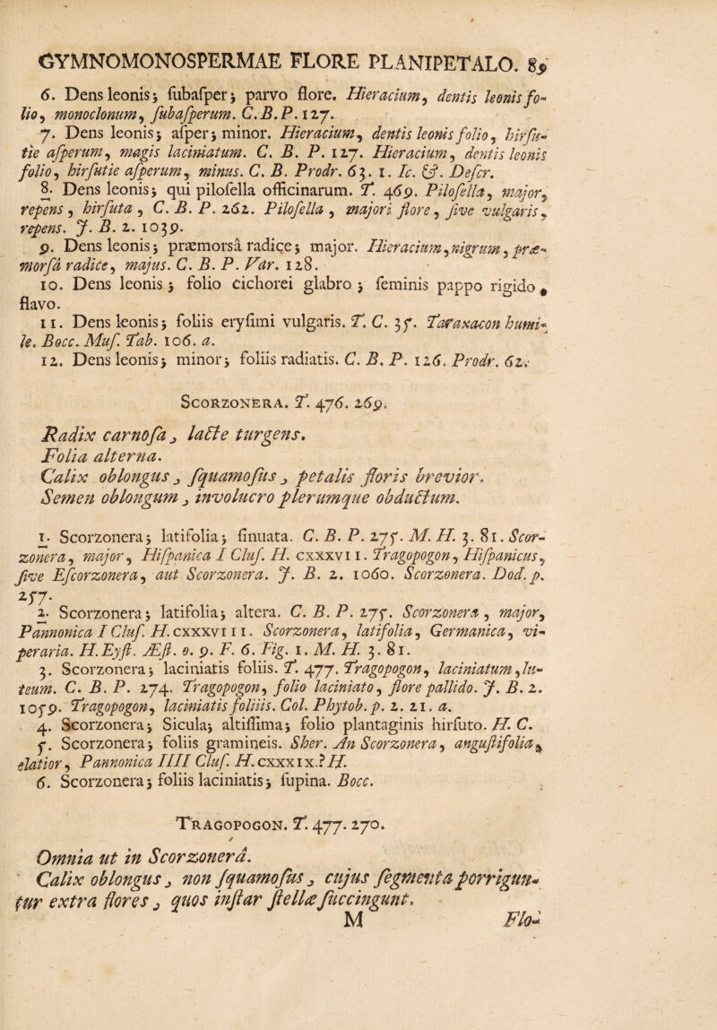' m' '• • r' ■. , . » 7 \ • . C * 6. Dens leonis 3 fubafper 3 parvo flore. Hieracium, dentis leonis fo¬ lio 5 monoclonum, fubafperum. C.B.P. 127. 7. Dens leonis 5 afper* minor. Hieracium r dentis leonis folio 5 hir fu- tie a ferum, lacimatum. C. B. P. 127. Hieracium, dentis leonis folio5 hirfutie afperum5 minus. C. B. Prodr. 63. 1. /*r. £7. Defer, 8. Dens leonis 3 qui pilofella officinarum, F. 469. Pilofella5 major\ repens 5 hirfuta , C. B. P. z6z. Pilofella , majori flore 5 jive vulgaris f repens. J. B. 2. 1039. p. Dens leonis 3 praemorsa radice 3 major. Hieracium3nigrum 5 radice) majus. C.B.P. Far. 128. 10. Dens leonis 5 folio Cichorei glabro 3 feminis pappo rigido # flavo. 11. Dens leonis 3 foliis eryflmi vulgaris. ST. C. 37, Faraxacon humfl le. Bocc.Muf. Fab. 106. <0. 12. Dens leonis3 minor 3 foliis radiatis. C. B, P. 12.6. Prodr. 6zv SCORZONERA. T*. 476. 25p* _ / Radix carnofa j lafle turgens* Folia alterna. Calix oblongus fquamofus fetalis floris brevior* Semen oblongum j involucro plerumque obduftum. 1. Scorzonera3 latifolia 3 fi nuat a. C. B. P. zyf. Af. H. $1. Scor- zonera9 major 5 Hi [panica I Cluf. H. cxxxvi 1. Fragopogpn 5 Hifpanicus 5 7^ Efcorzonera, Scorzonera. J. B. 2. 1060. Scorzonera. Dod\p. 277. 2. Scorzonera 3 latifolia3 altera. C. B. P. zjf. Scorzonera 5 major^ Pannonica I Cluf. H. cxxxvi 11. Scorzonera, latifolia 5 Germanica 5 peraria. H.Eyft. JEfl. 0. 9. F. 6. Fig. 1. Af. 77 3.81. 3. Scorzonera 3 laciniatis foliis. 7*. 477. Fragopogon^ laciniatum,lu¬ teum. C. 5. P. 274. Fragopogon, folio laciniato5 flore pallido. J. P. 2, iofp. Fragopogon5 laciniatis foliiis. Coi. Phytob.p. z. 21. a. 4. Scorzonera3 Sicula3 altiffima3 folio plantaginis hirfuto. 77. C. 7. Scorzonera3 foliis gramineis. Sher. An Scorzonera ^ anguftifolia% elatior 5 Pannonica ILII Cluf. 77 cxxx 1 x.?7/. 5. Scorzonera 3 foliis laciniatis 3 fupina. Bocc. . Tragopogon. 7. 477.270» / Omnia ut in Scorzonera. Calix oblongus non JquamoJus „ cujus fegmenta porrigun¬ tur extra flores j quos infiar jlelhe fuccingunt. M Flo-