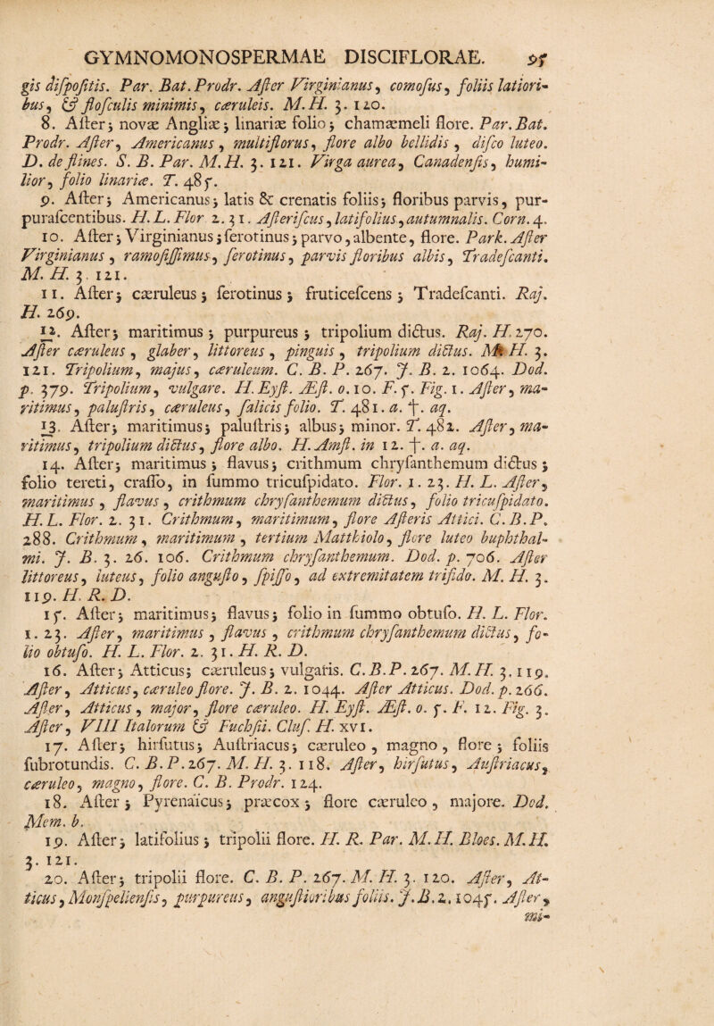 gis difpofitis. Par. Bat. Prodr. Afer Virgini anus , comofus, foliis latiori* bus, £5? fl 0f culis minimis ^ caeruleis. M.H. 3. izo. 8. Alter* novas Angliar* linarias folio5 chamaemeli flore. Par. Bat. Prodr. Afler^ Americanus , multiflorus, flore albo bellidis , <3^0 tow. jD. flines. S. B. Par, M.H. 3. 121. Pirg# aurea^ Canadenfis, //<?r 5 folio linar ice. T. 48 f. p. Alter* Americanusj latis 8c crenatis foliis* floribus parvis, pur- purafcentibus. //. F. P/cr 2. 3 1. Afterifcus, latifolius,autumnalis. Corn. 4, 10. After*Virginianus*ferotinus* parvo, albente, flore. Park.Afler Virgini anus , ramofijflmus^ ferotims^ parvis floribus albis, Tradefcanti. M. H 2,, izi. 11. Alter* caeruleus* ferotinus 5 fruticefcens * Tradefcanti. P<3/\ //. 2<5p. J*. Alter* maritimus* purpureus* tripolium di£tus. Raj.H.z 70. Cceruleus , glaber, littoreus , pinguis, tripolium ditilus. Mti II. 3. 121. Tripolium, majus ^ cce rui eum. C. B. P. 267. J. B. z. 1064. D0F p. 379. Tripolium, vulgare. H.Eyft. jEft. 0.10. i7, f. P/g. 1. Afler^ ma¬ ritimus , paluflris, cceruleus, f alicis folio. T. dj&i. a.f. aq. 13. Alter* maritimus* palultris* albus* minor. 5T. 481. Afler ^ma¬ ritimus^ tripolium dictus^ flore albo. H.Amfl. in iz. f. aq. 14. Alter* maritimus * flavus* crithmum chryfanthemum didtus * folio tereti, craflo, in fummo tricufpidato. Flor. 1. Z2>. H. L. After^ maritimus , flavus , crithmum chryfanthemum diffius, folio tricufpidato. H. L. Flor. z. 31. Crithmum, maritimum, flore A fleris Attici. C.B.P* z88. Crithmum, maritimum , tertium Matthiolo ^ flore luteo buphthal¬ mi. J. B. 3. 26. 106. Crithmum chryfanthemum. Dod. p. jo6. A fler littoreus, luteus, folio angufto, fpijfo, extremitatem trifido. M. //. 3, 1 ip. H, R. D. ly. Alter* maritimus* flavus* folio in fummo obtufo. F7. F. Flor. I. 23. After^ maritimus , flavus , crithmum chryfanthemum dictus, /0» #0 obtufo. H. L. Flor. 2. 31. H. R. D. 16. Alter* Atticus; caeruleus* vulgaris. C.B.P.z6j. M.H. 3,119, Afier) Atticus, cceruleo flore. J. B. 2. 1044. Atticus. Dod. p.z66. A fler, Atticus , major ^ flore cceruleo. FI. Eyft. ALft. 0. y.F. iz. Fig- 3- Ajlcr^ VIII Italorum £7 Fuchfii. Cluf H. xvi. 17. Afier* hirfutus* Aultriacus* caeruleo, magno, flore* foliis fubrotundis. C. B. P. 267. A/. F/. 3. 118. Afler^ hirfutus, Auflriacus, cceruleo, magno, flore. C. B. Prodr. 124. 18. Alter* Pyrenaicus* praecox * flore caeruleo, majore. FW, Mem. b. ip. Alter* latifolius * tripolii flore. //. F. P^r. Af./Z. PFrr. 3. 121. 20. Alter* tripolii flore. C. P. P. z6j.M. H. 3. 120. Afier^ At¬ ticus , Mmfpelienfls, purpureus, angufiimbus foliis. J.B.Z.i04). *
