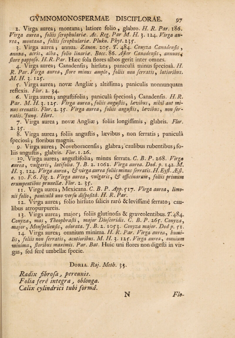 z. Virga aurea; montana; latiore folio , glabro. H. i?. Par. 186. Virga aurea, foliis fcrophularia. Ac. Reg. Par M. H. 3. 114. Virga au- rea, montana, foliis fcrophularia. Plukn. Phyt. 2.3f. 3. Virga aurea 5 annua. Zanon. zof. 484. Conyza Canadenfis , annua, acris ^ alba, folio linarie. Bocc. 86. Canadenfis , annuus4 flore pappofo. FI. R. Par. Haec fola flores albos gerit inter omnes. 4. Virga aurea; Canadenfis; hirfuta; panicula minus fpeciosa.//. P. iVzr. Virga aurea, minus amplo 5 foliis non ferratis, latioribus. M. H. 3* iaf. f. Virga aurea; novae Angliae ; altiflima; paniculis nonnunquam reflexis. Flor. z. 34. 6. Virga aurea; anguftifolia; panicula fpeciosa; Canadenfis. iPP. P^r. M. H. 3. i2f. Virga aurea ^ foliis anguftis , lavibus, nihil aut mi¬ nus cr enatis. Flor. z. 3f. Pzrg# aurea ^ foliis anguftis , laevibus^ non fer¬ ratis. Junq. Hort. 7. Virga aurea ; novae Angliae ; foliis longiffimis, glabris. z. 37. 8. Virga aurea; foliis anguftis, laevibus, non ferratis; panicula fpeciosa; floribus magnis. 9. Virga aurea; Noveboracenfis; glabra;'caulibus rubentibus; fo¬ liis anguftis, glabris. P&r. 1. 26. 10. Virga aurea; anguftifolia; minus ferrata. C. B. P. z68. Virga aurea, vulgaris, latifolia. J. B. z. io6z. Virga aurea. Dod.p. 142.. A/. //. j. \z\. Virga aurea^ & virga aurea foliis minus ferratis. H.Eyfl.jEft. 0. 1 o. F. 6. Fig. z. aurea 1 vulgaris, 6? officinarum, foliis primum erumpentibusprunella. Flor. z. 3j*• 11. Virga aurea; Mexicana. C. B. P. App. f 17. aurea^ limo¬ nii folio, paniculd uno ver fu difpofitd. H. R. Par. 12. Virga aurea; folio hirfuto falicis raro &levifllme ferrato; cau¬ libus atropurpureis. 13. Virga aurea; major; foliis glutinofis & graveolentibus.71484. Conyza, , Fheophrafli, major Diofcoridis. C. B.P. z6p. Conyza, major, Monfpelienfis, odorata. J. B. z. 10^3. Conyza major. Dodp. f 1. 14. Virga aurea; omnium minima. /7. P. Par. Virga aurea, foliis non ferratis, acutioribus. M. H. 3. izf. Virga aurea, omnium minima, floribus maximis. Par. Bat. Huic uni flores nondigefti in vir¬ gas, fed fere umbellae fpecie. Doria. P#/. Meth. 33. Radix fibrofa j perennis. Folia fere integra j oblonga. CWix cylindrici tubi forma. N \ 2%-